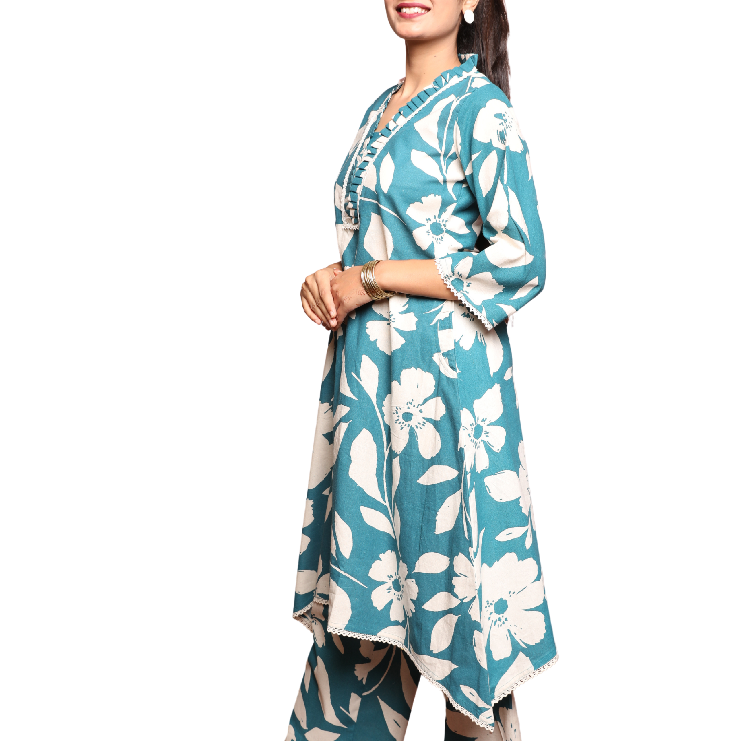 Women's 2-Piece Flex Cotton Set with Ruffle Collar & Lace Detailing β Elegant Co-ord with Pants