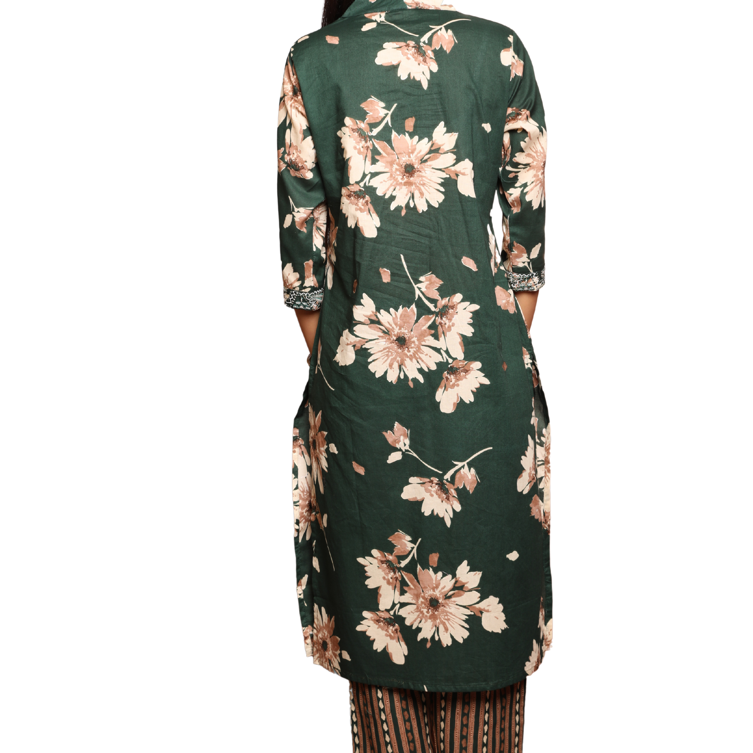 Women’s 2-Piece Ethnic Set with Nehru Collar, Embroidered Neckline & Foil Print – Big Floral Print with Pocketed Pants