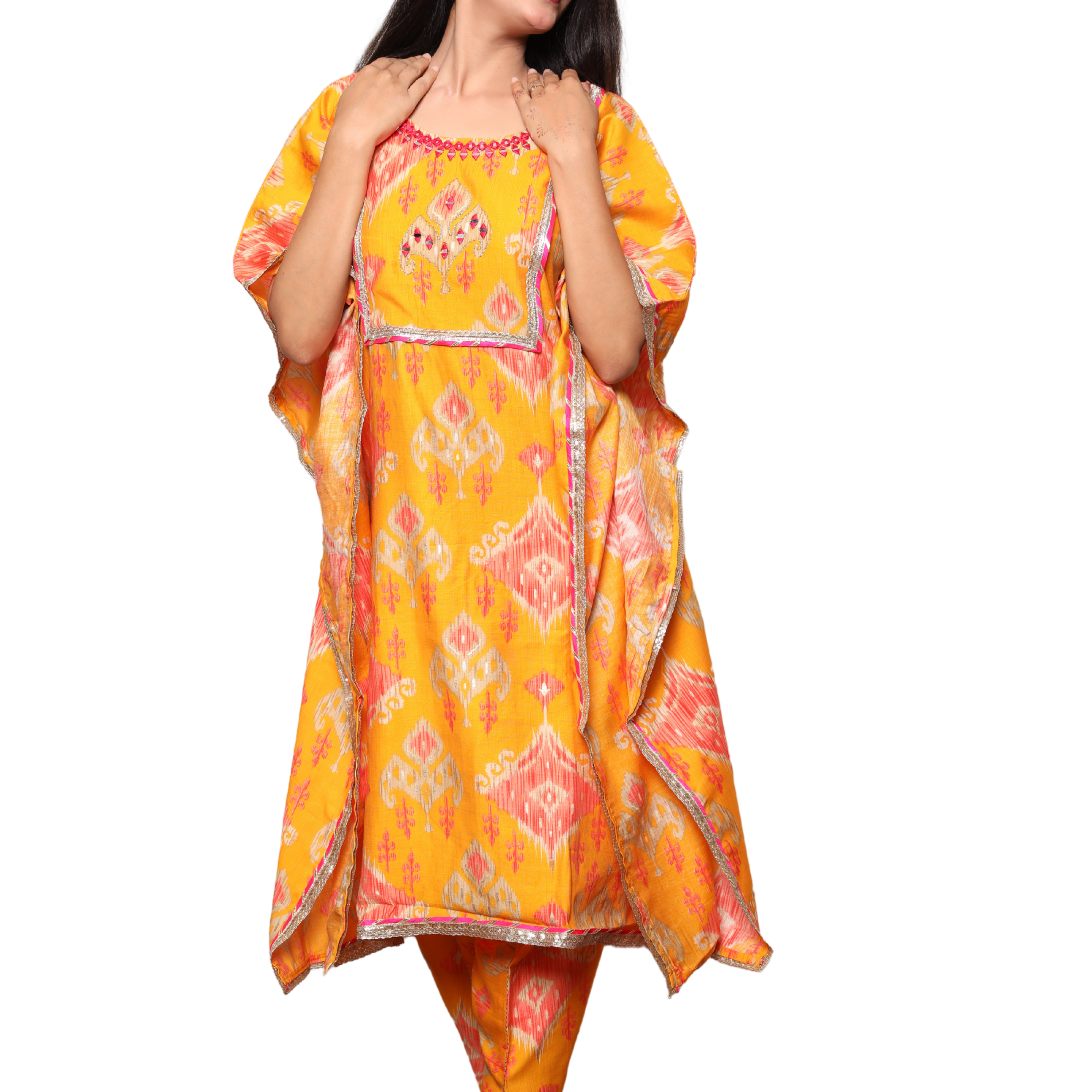 Women’s 2-Piece Kaftan Set with Tulip Pants – Lace & Mirror Work on Neckline