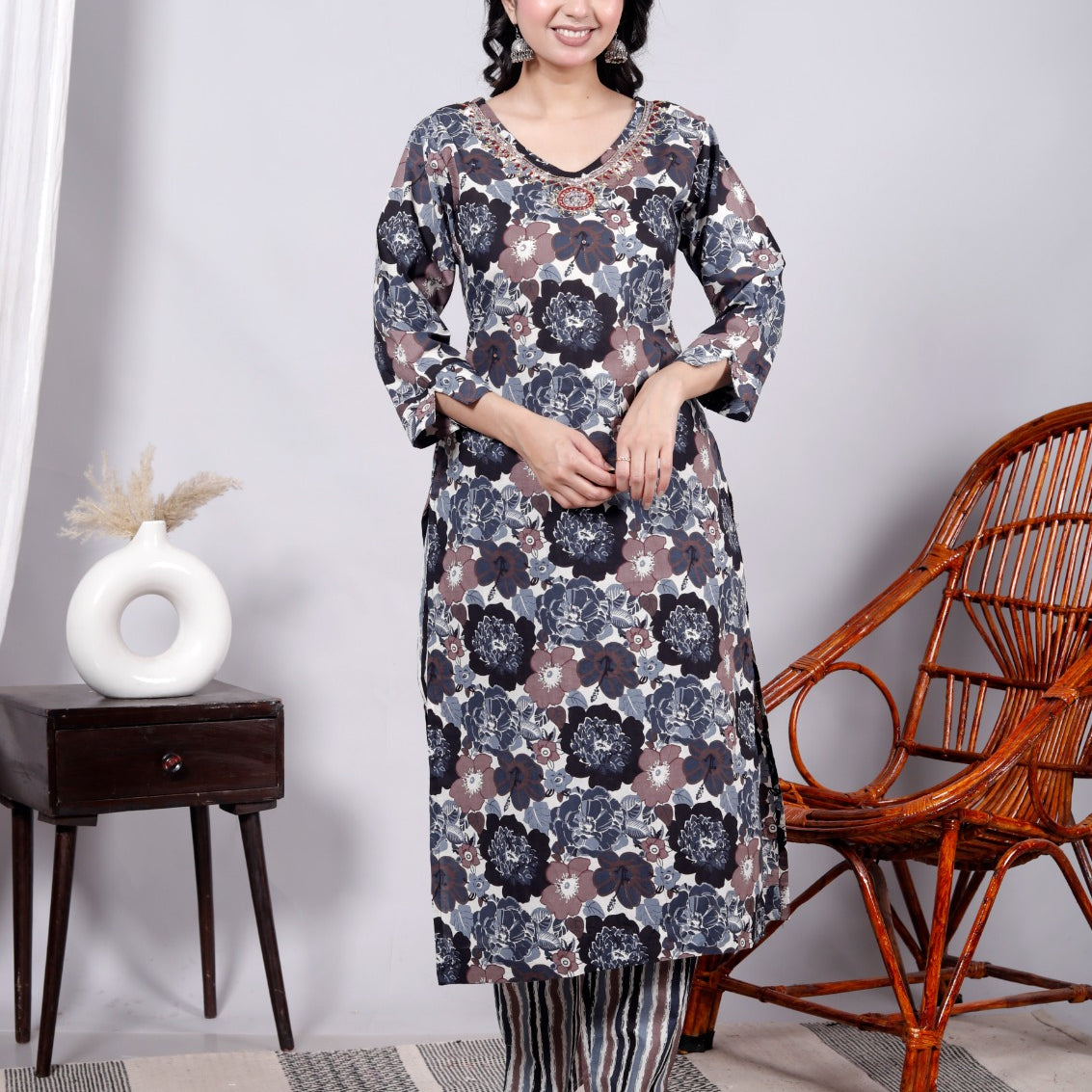 Blue Cotton Hand Block Printed Kurta Set with Thread, Mirror & Sequin Work – JC 13