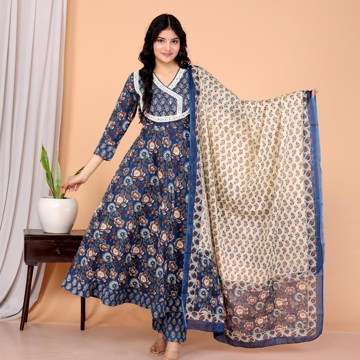 Blue Cotton Hand Block Printed Anarkali, Pant & Dupatta Set – JY 20