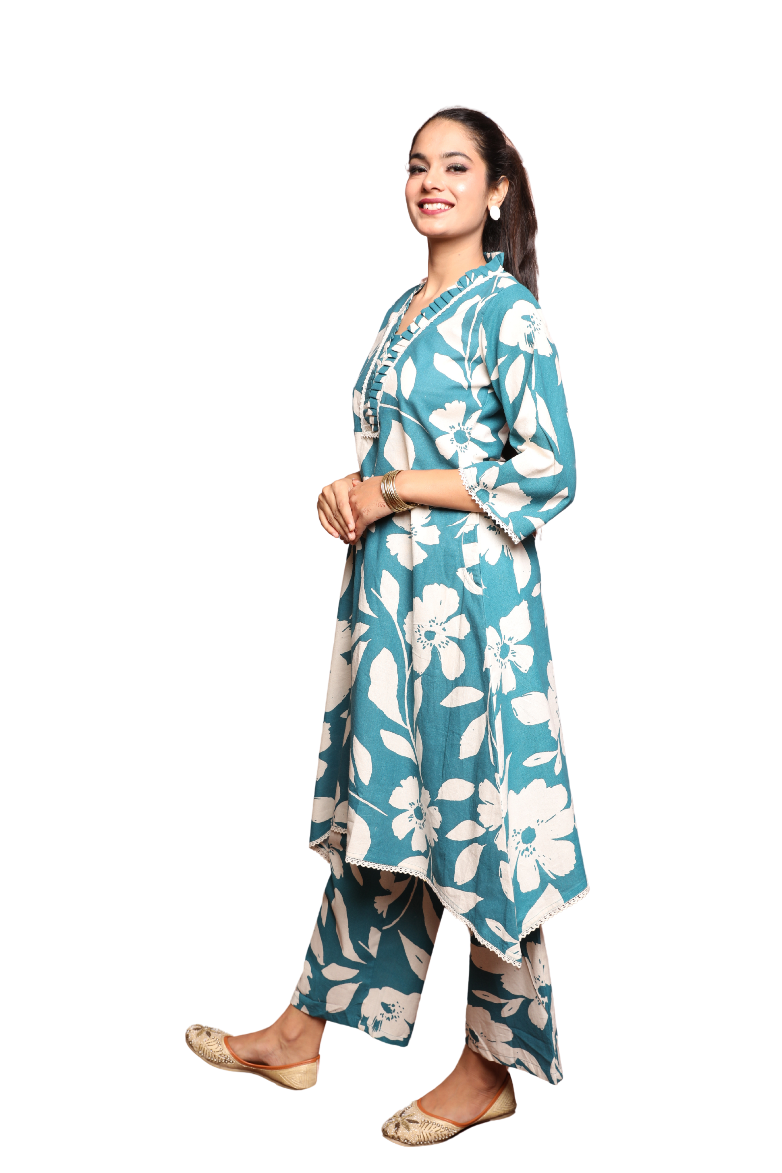 2-Piece Flex Cotton Cord Set with Floral Print, Lace Detailing & Ruffle Neck