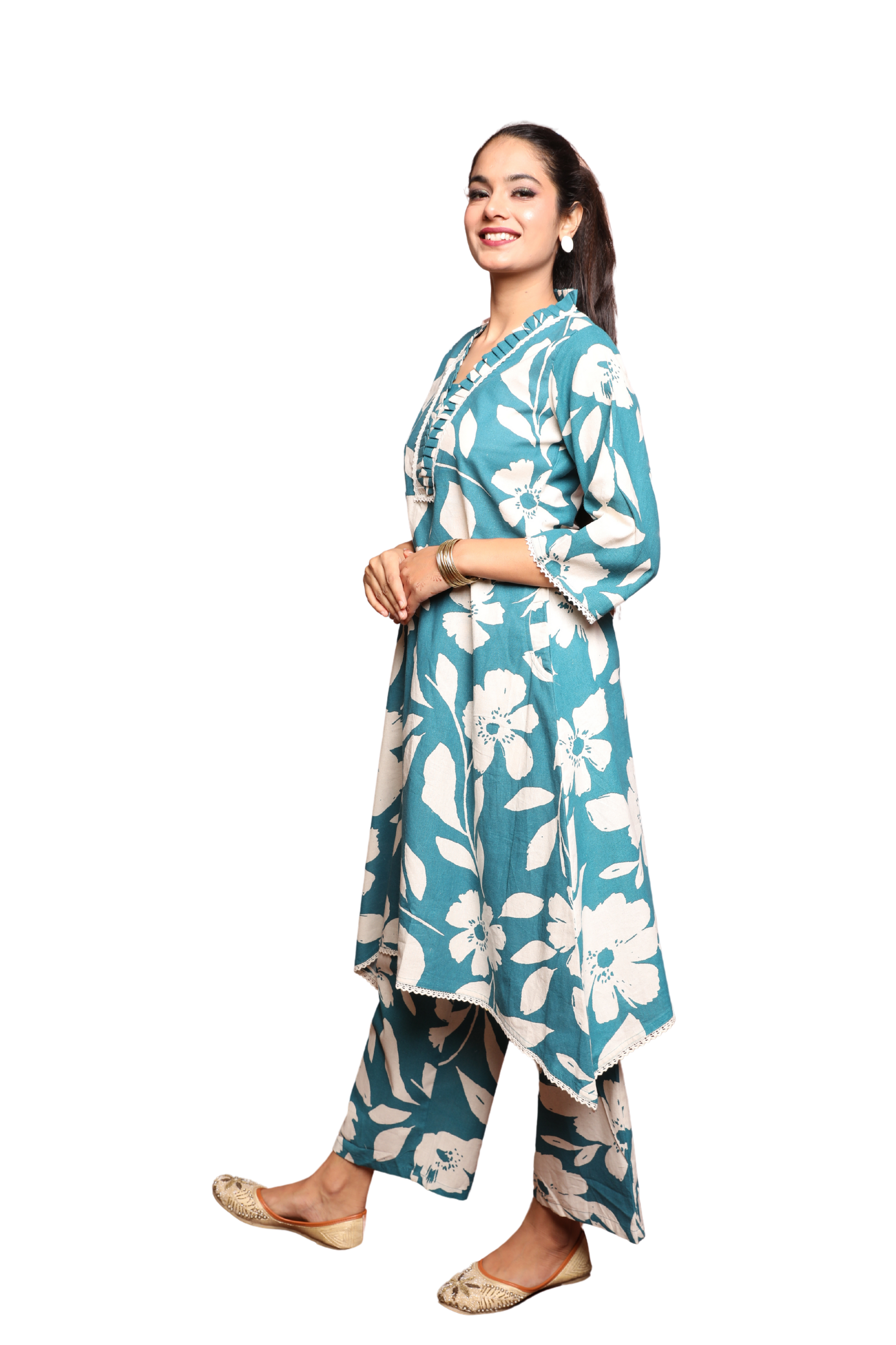 2-Piece Flex Cotton Cord Set with Floral Print, Lace Detailing & Ruffle Neck