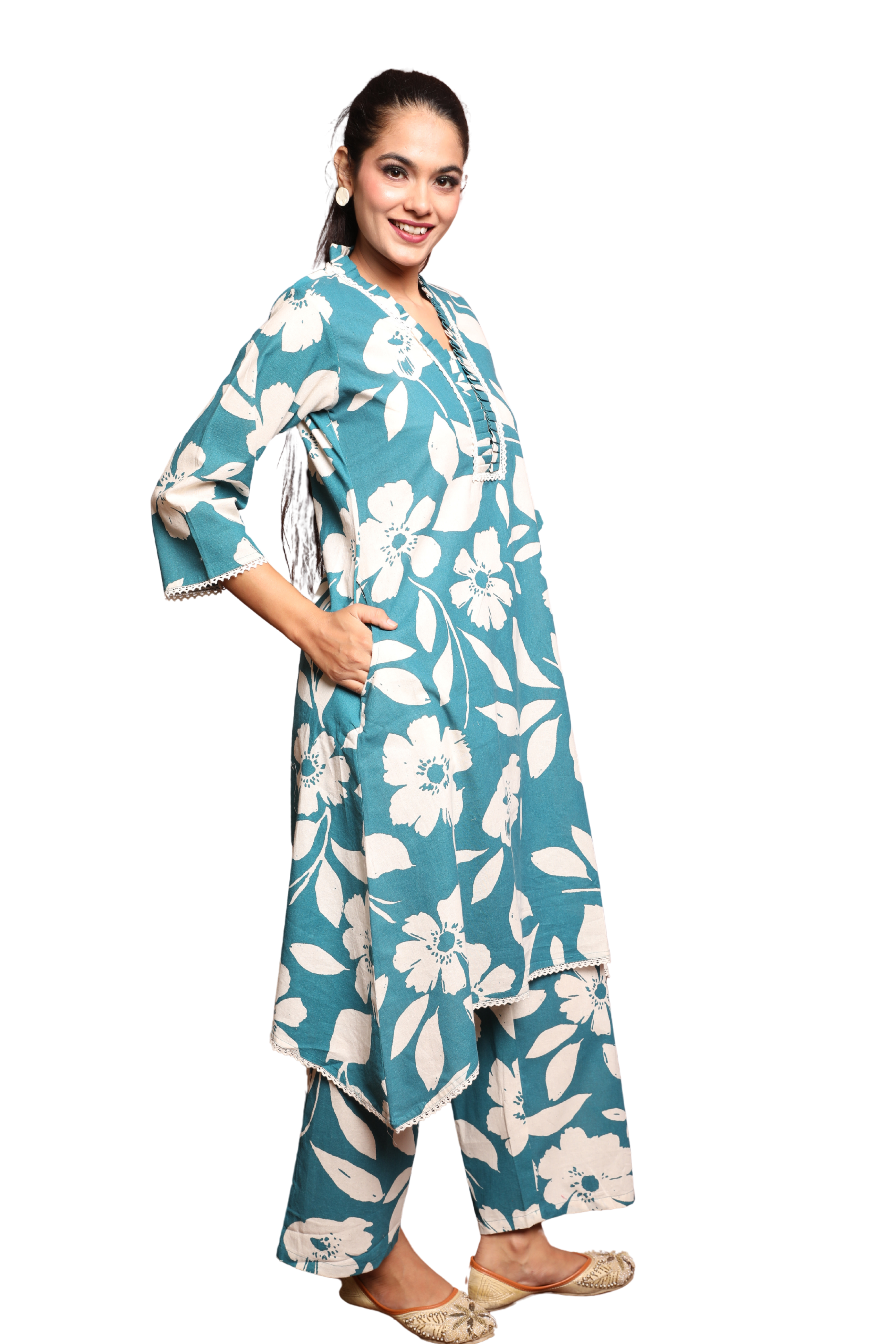 Women's 2-Piece Flex Cotton Set with Ruffle Collar &amp; Lace Detailing – Elegant Co-ord with Pants