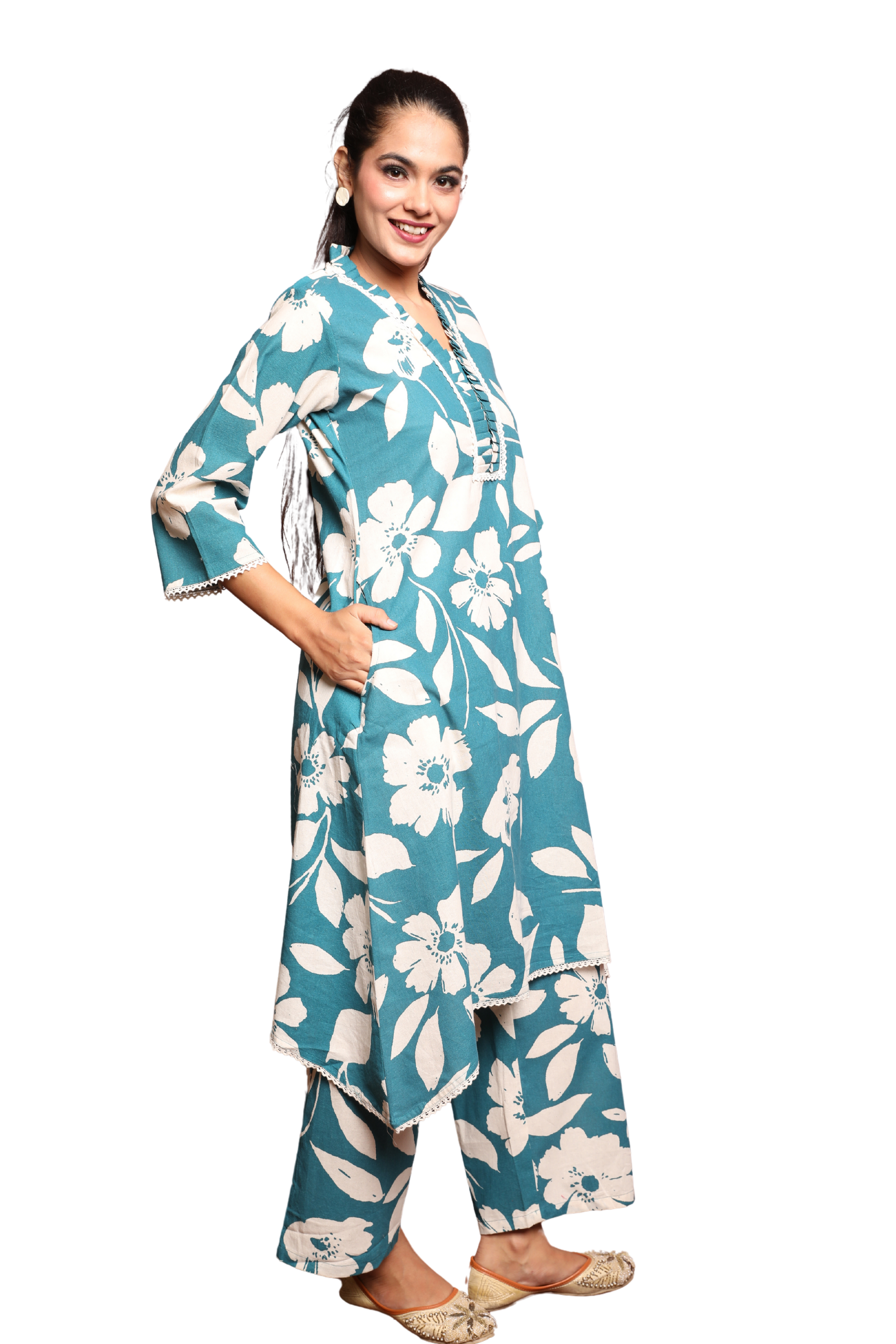 Women's 2-Piece Flex Cotton Set with Ruffle Collar &amp; Lace Detailing – Elegant Co-ord with Pants
