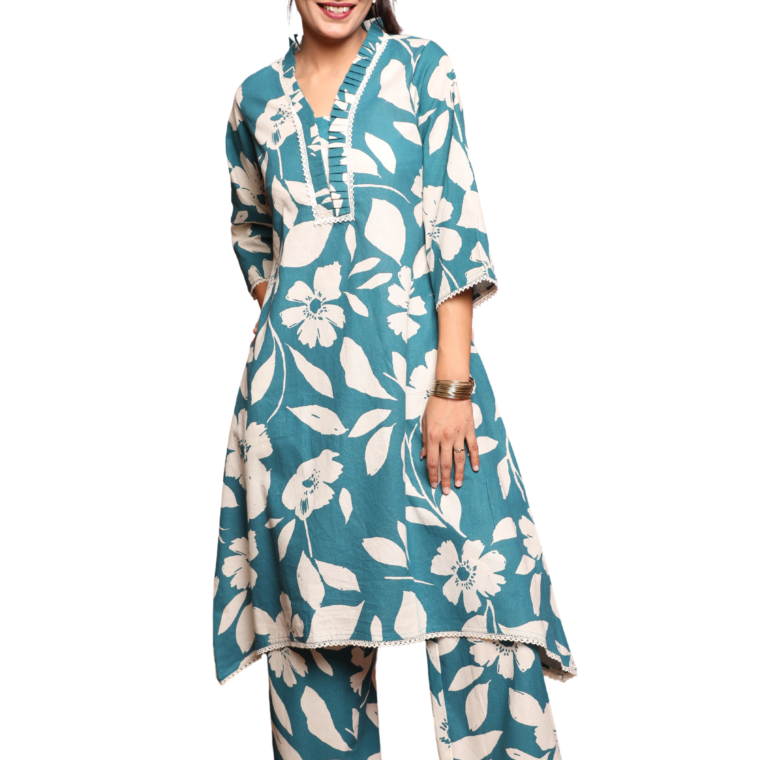 2-Piece Flex Cotton Cord Set with Floral Print, Lace Detailing & Ruffle Neck