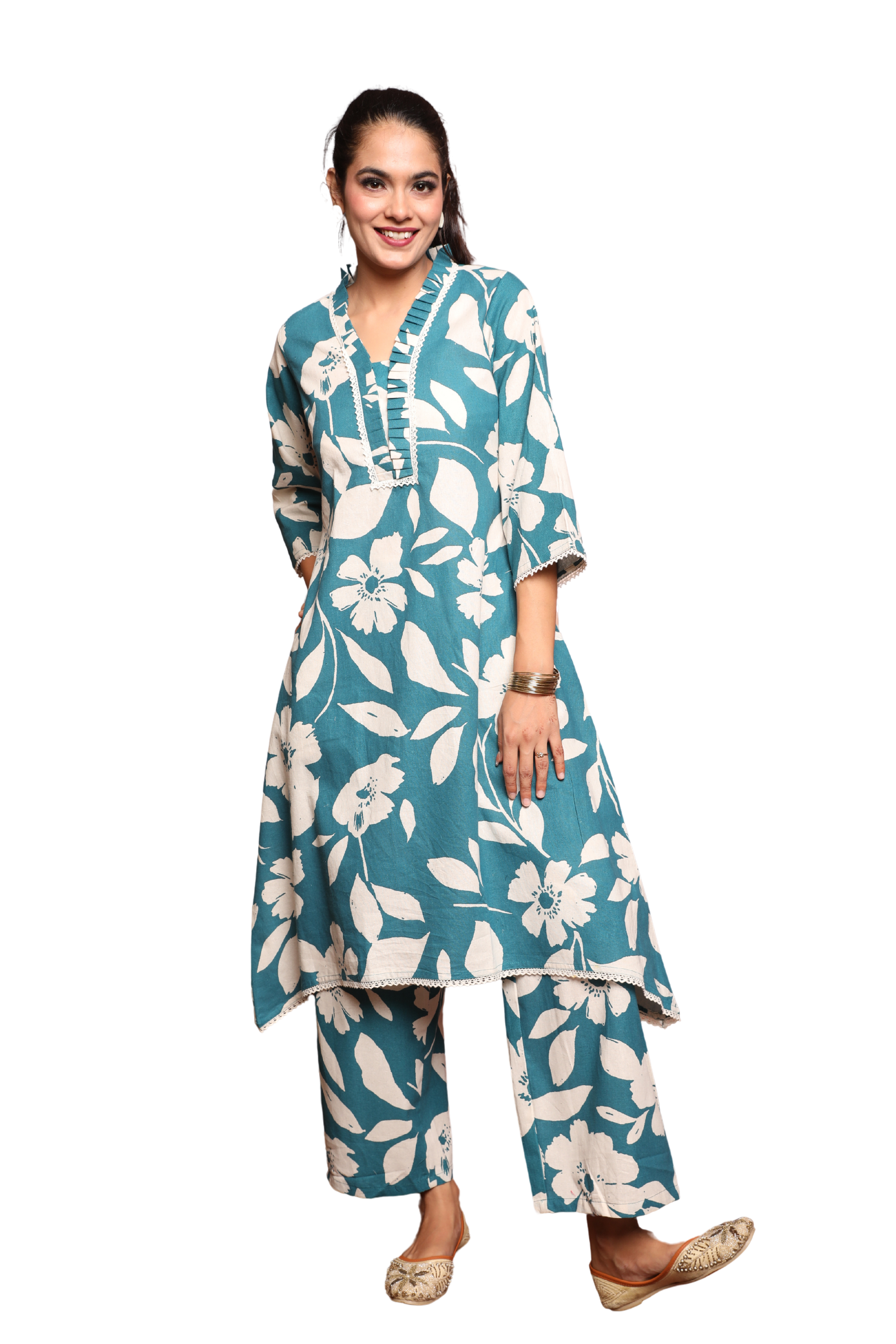 2-Piece Flex Cotton Cord Set with Floral Print, Lace Detailing & Ruffle Neck