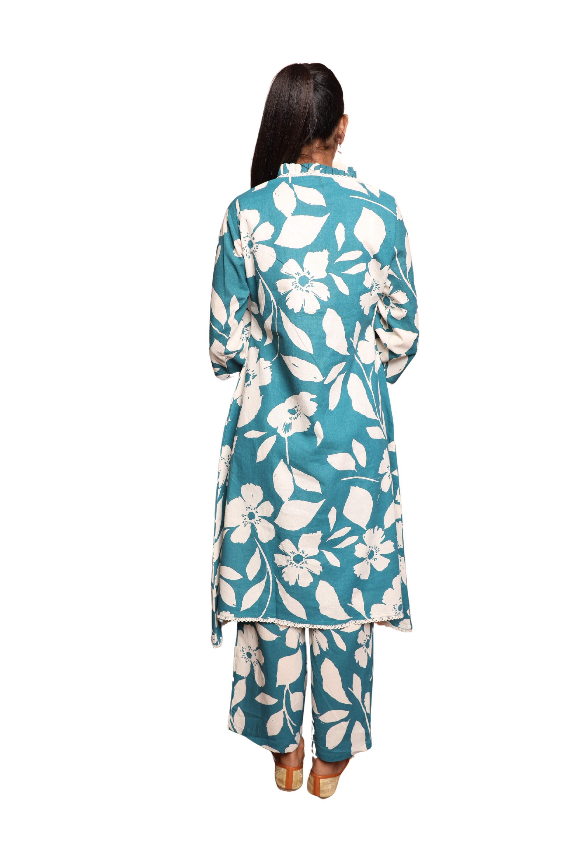 Women's 2-Piece Flex Cotton Set with Ruffle Collar &amp; Lace Detailing – Elegant Co-ord with Pants