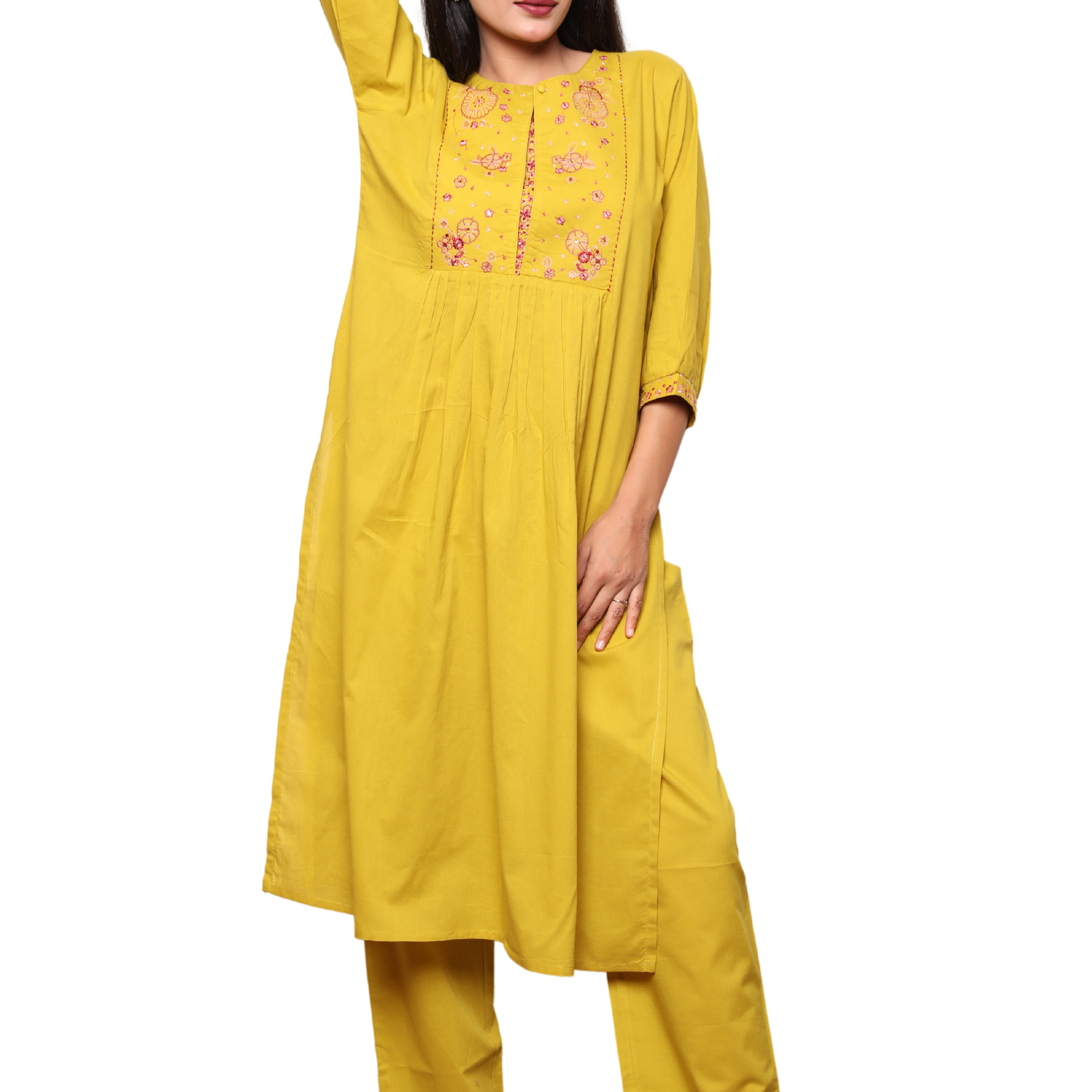 Women’s 2-Piece Nyra Cut Kurta Set with Embroidery on Yoke & Sleeves and Pocketed Pants
