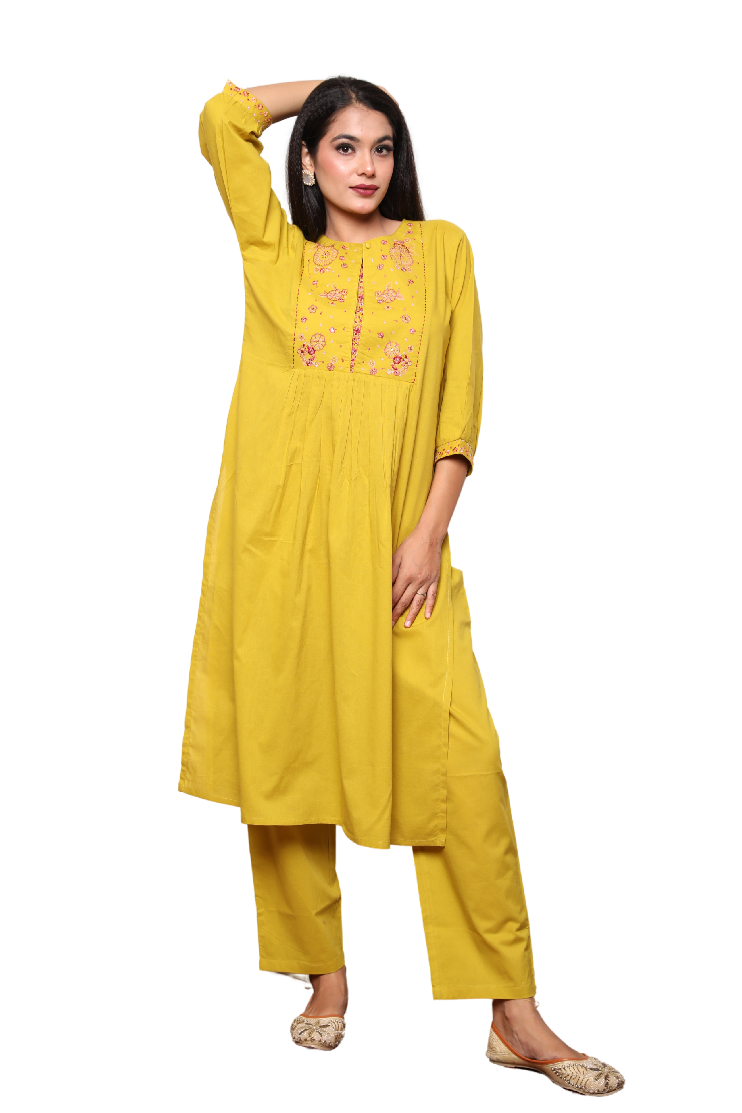 Women’s 2-Piece Nyra Cut Kurta Set with Embroidery on Yoke & Sleeves and Pocketed Pants