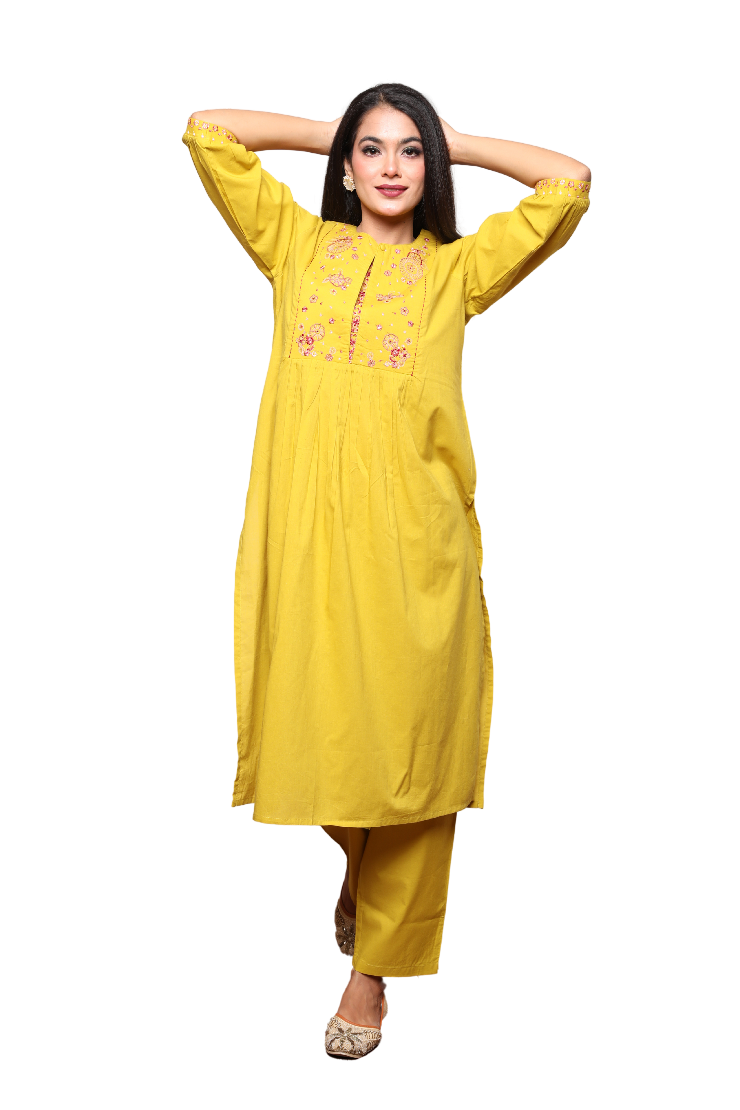 Women’s 2-Piece Nyra Cut Kurta Set with Embroidery on Yoke & Sleeves and Pocketed Pants