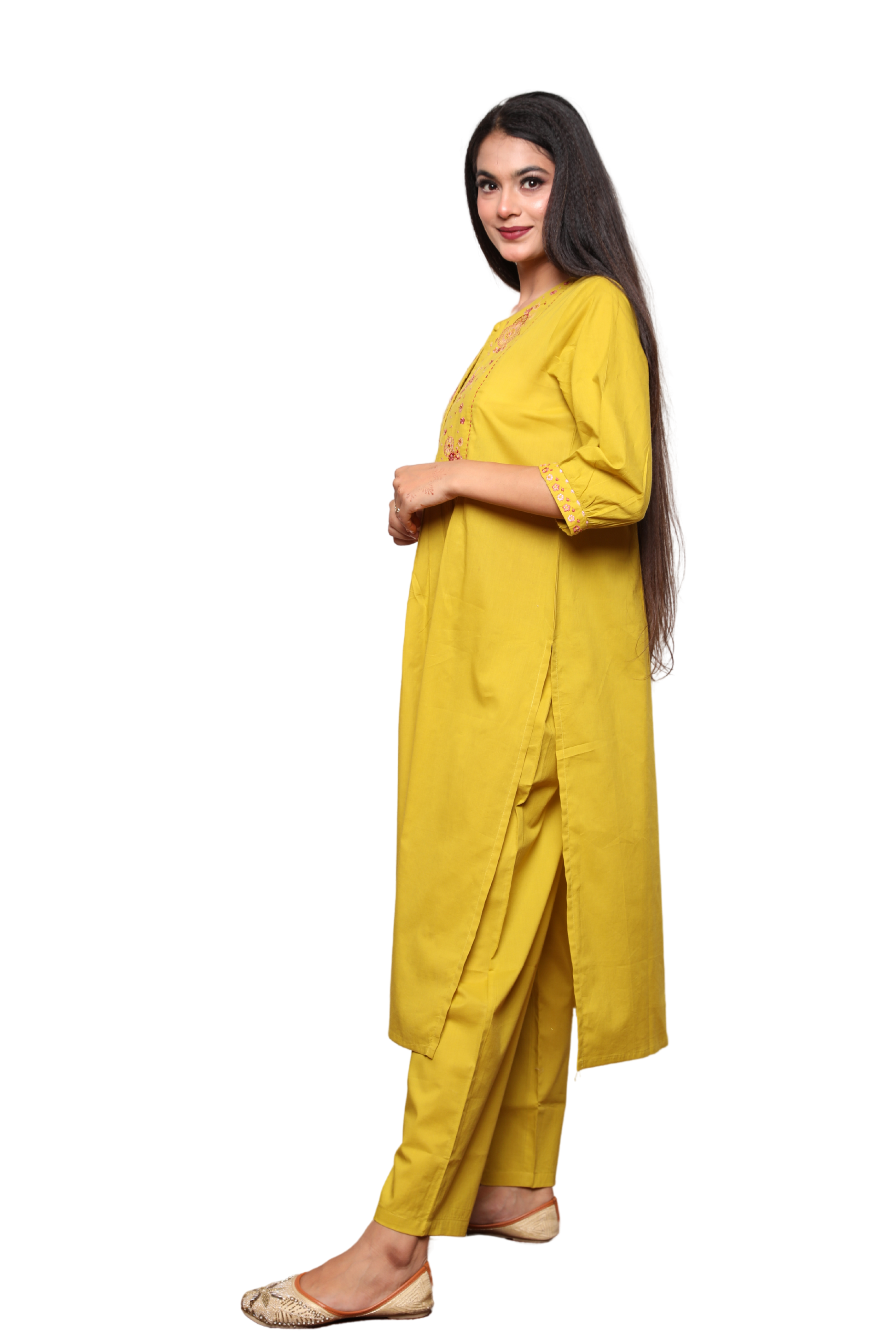 Women’s 2-Piece Nyra Cut Kurta Set with Embroidery on Yoke & Sleeves and Pocketed Pants