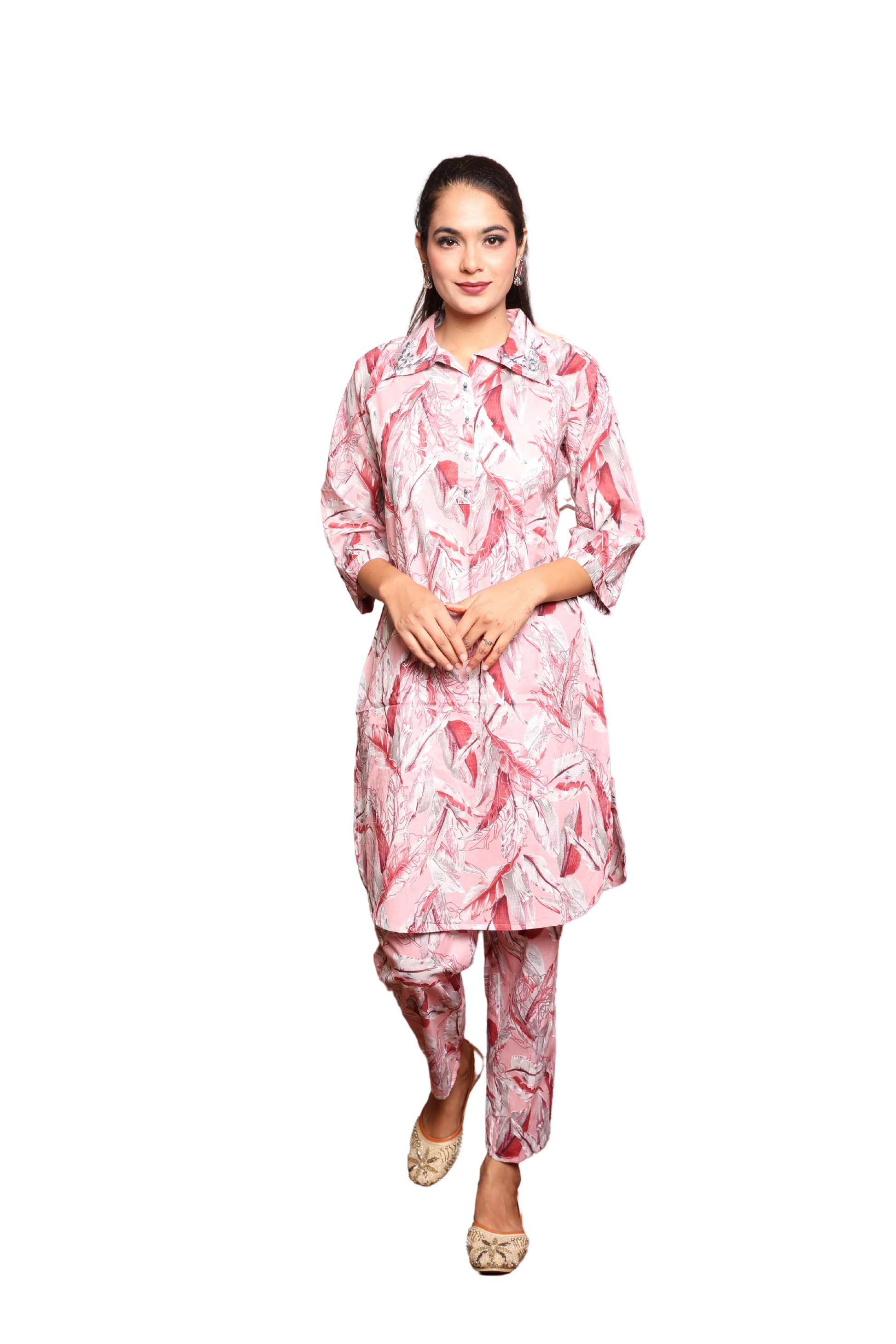 2-Piece Set with Leaf Embroidery on Collar & Mirror Work Detailing