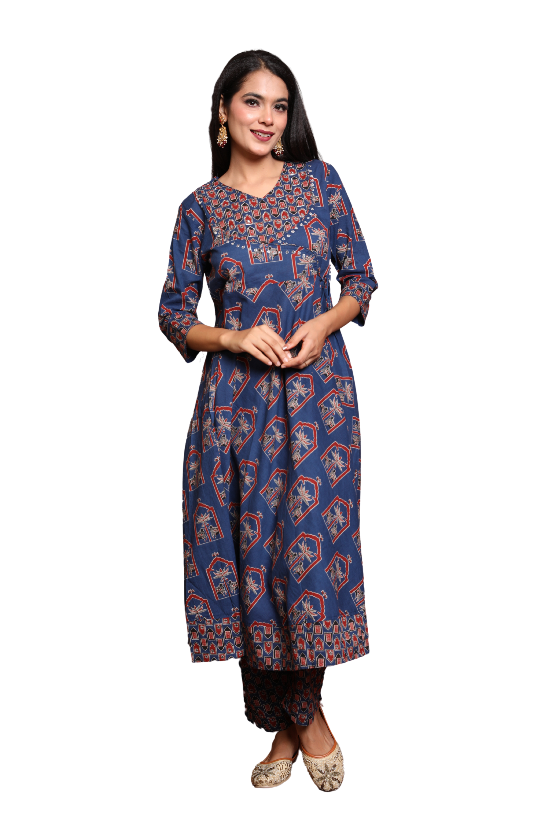 Women’s 3-Piece Angrakha Style Suit Set with Mirror Work and Hand Block Print