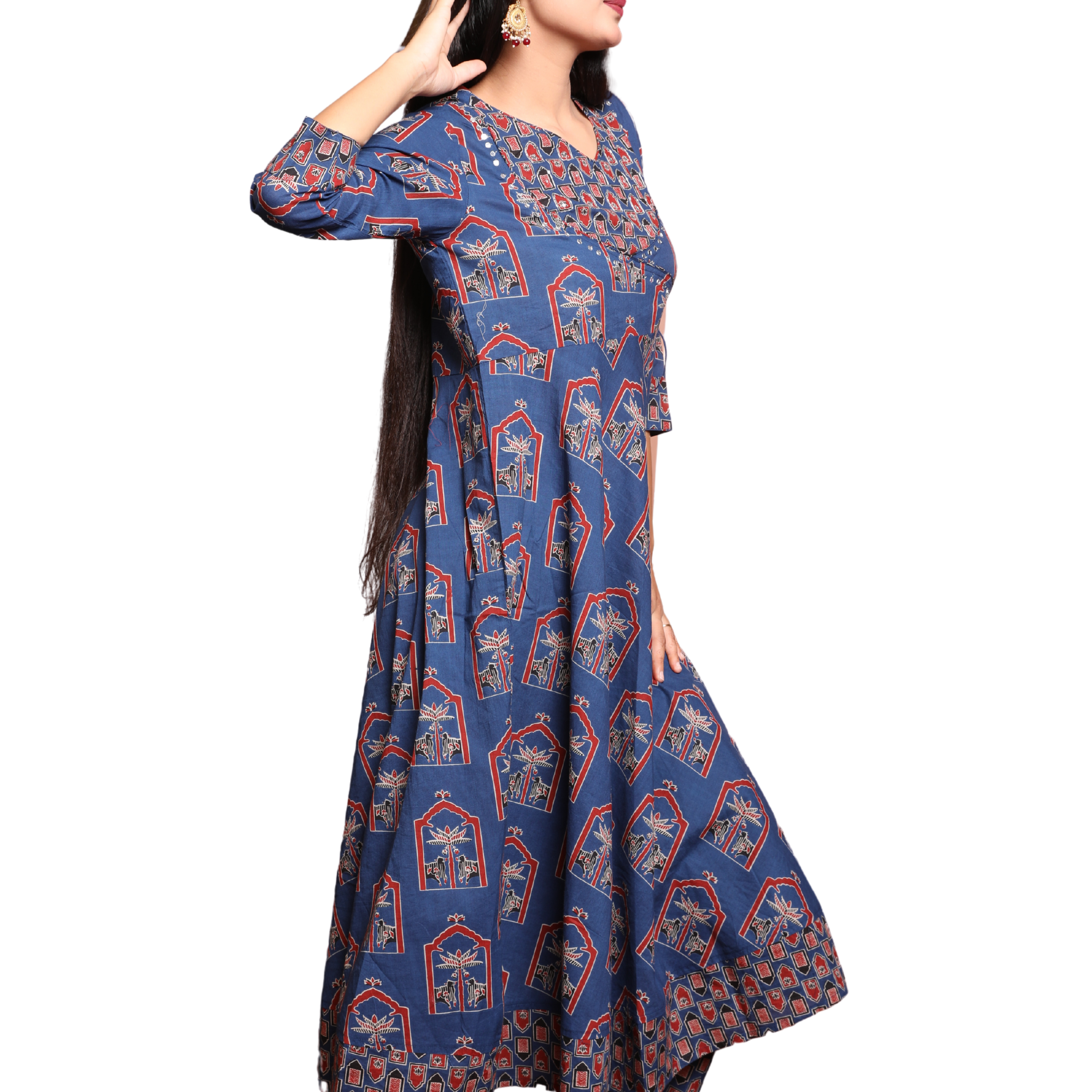 Women’s 3-Piece Angrakha Style Suit Set with Mirror Work and Hand Block Print