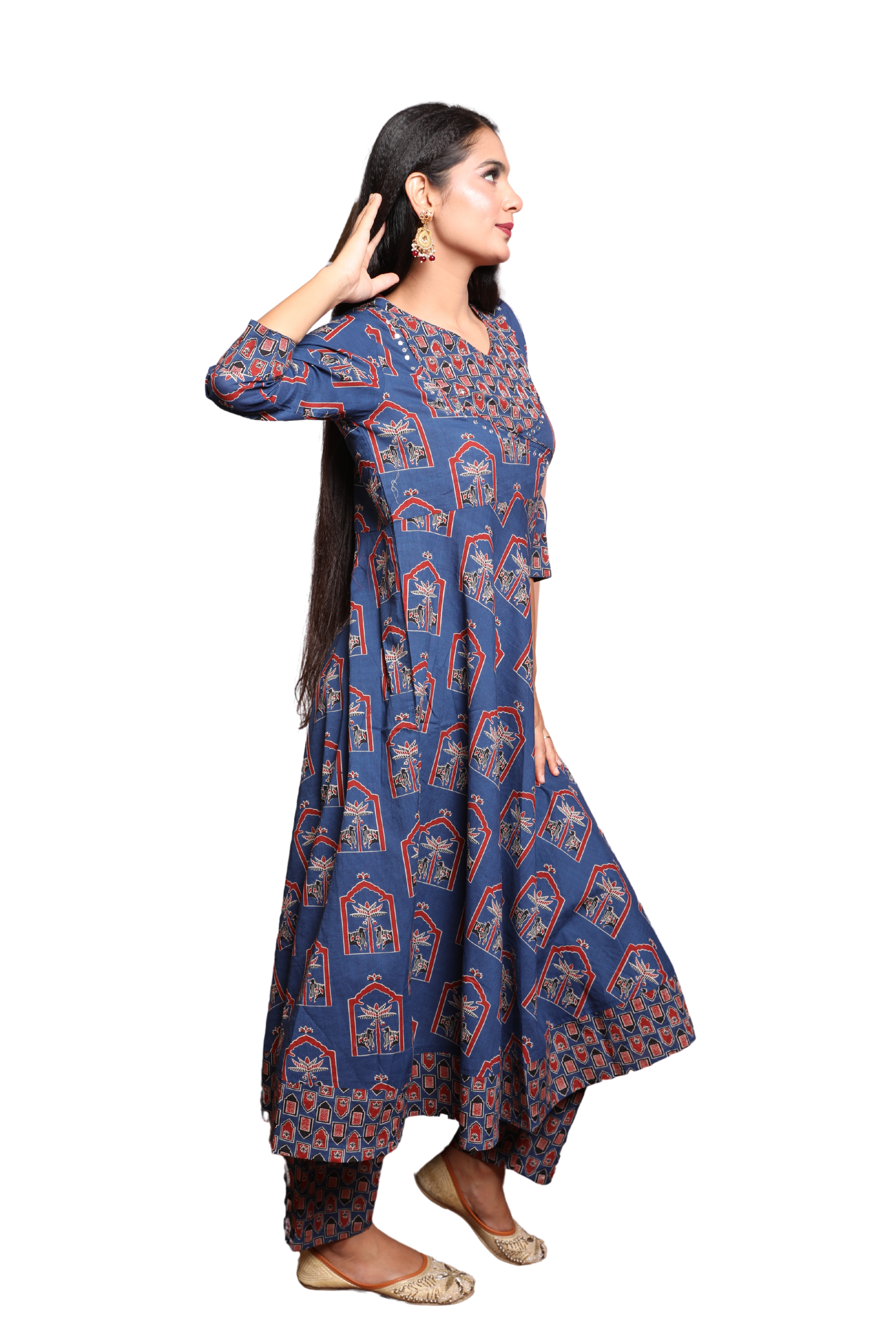 Women’s 3-Piece Angrakha Style Suit Set with Mirror Work and Hand Block Print