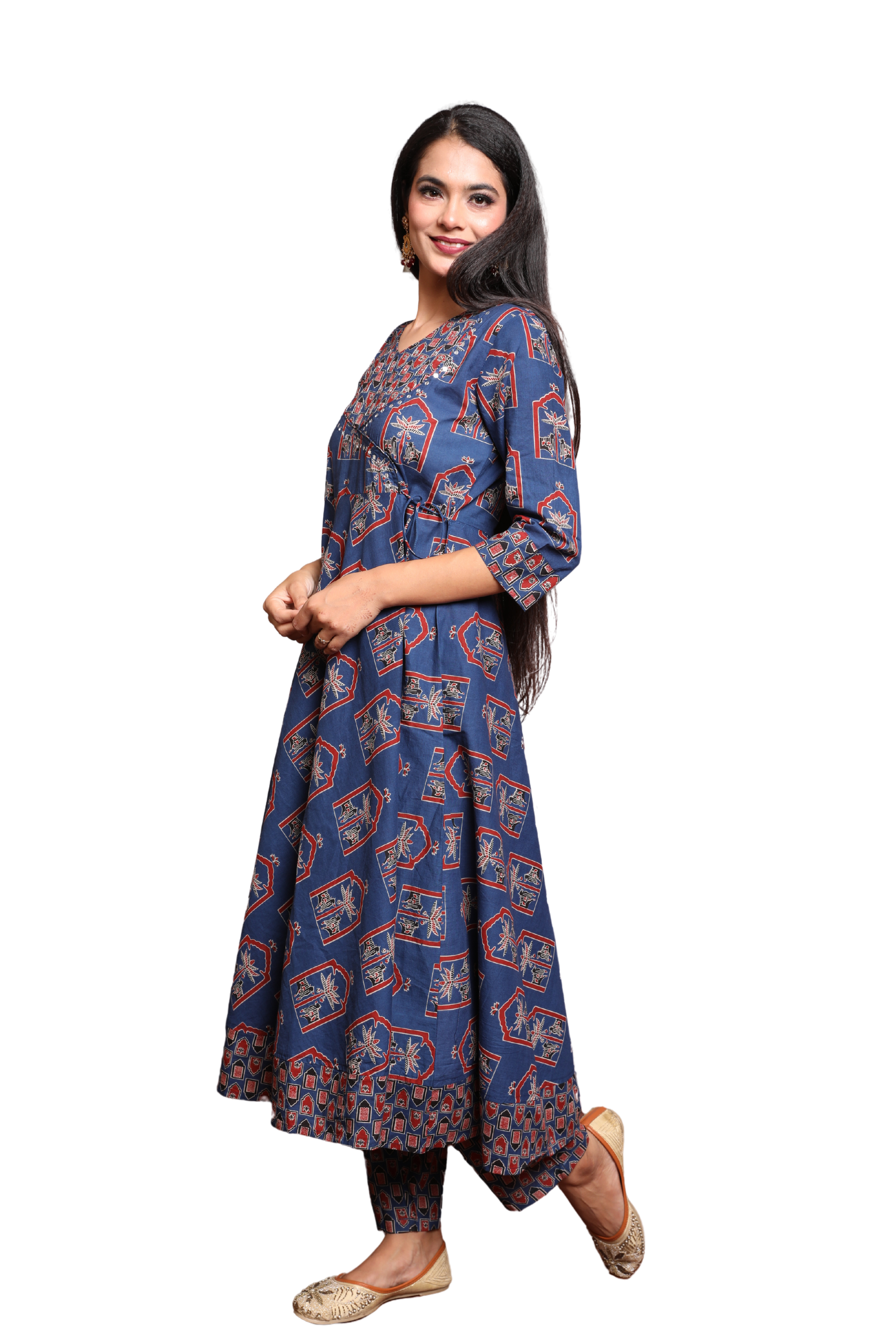 Women’s 3-Piece Angrakha Style Suit Set with Mirror Work and Hand Block Print