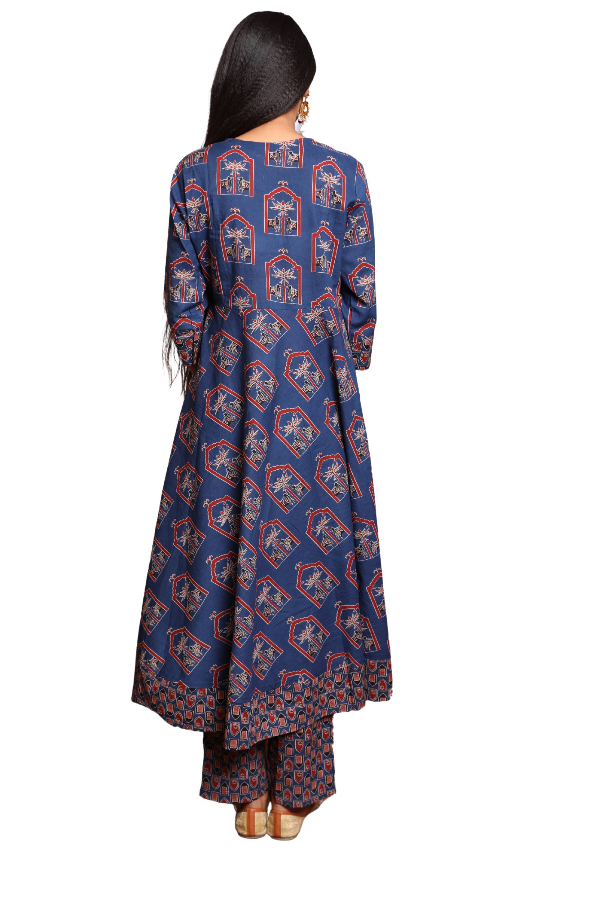 Women’s 3-Piece Angrakha Style Suit Set with Mirror Work and Hand Block Print