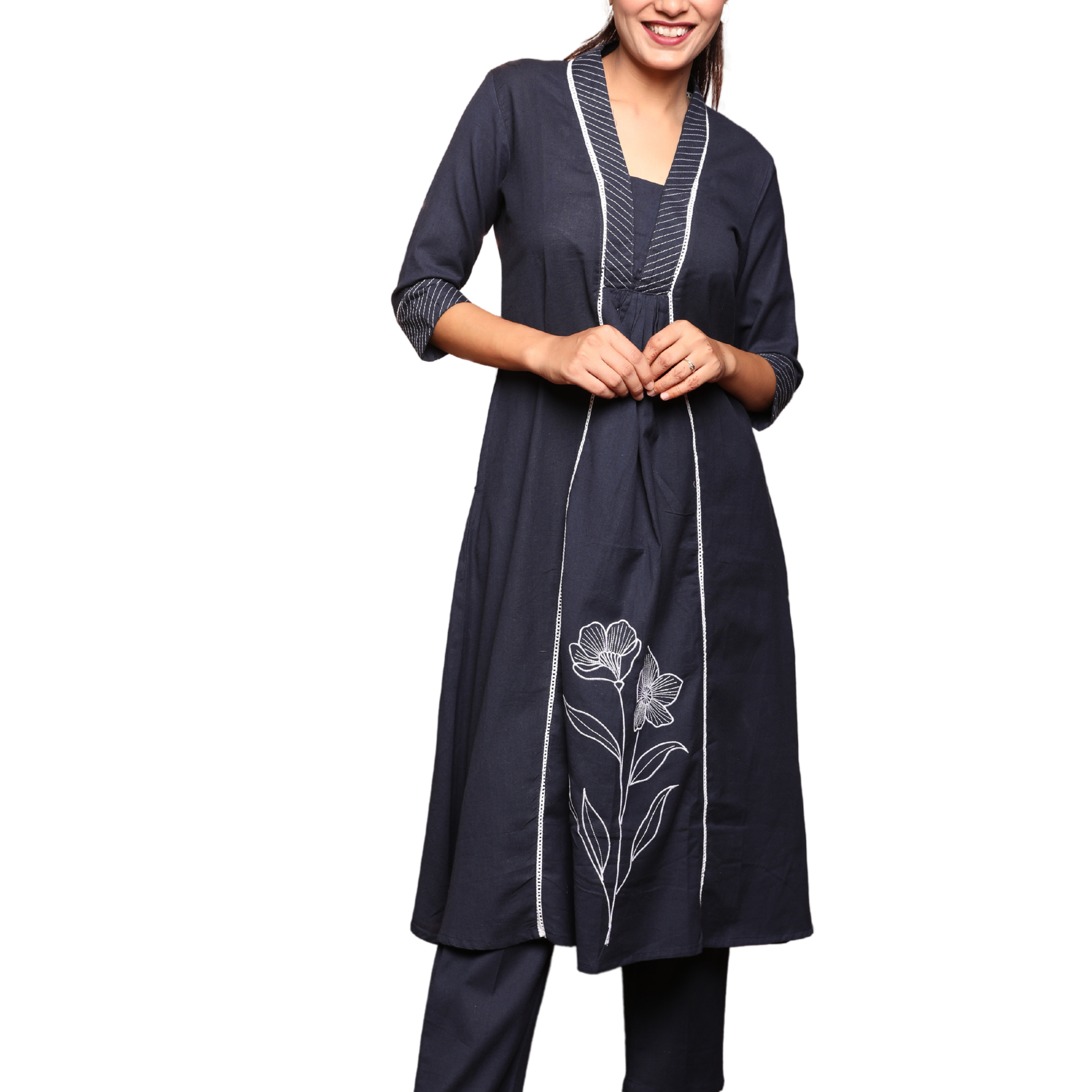 3-Piece Flex Cotton Suit Set with Lace & Floral Embroidery