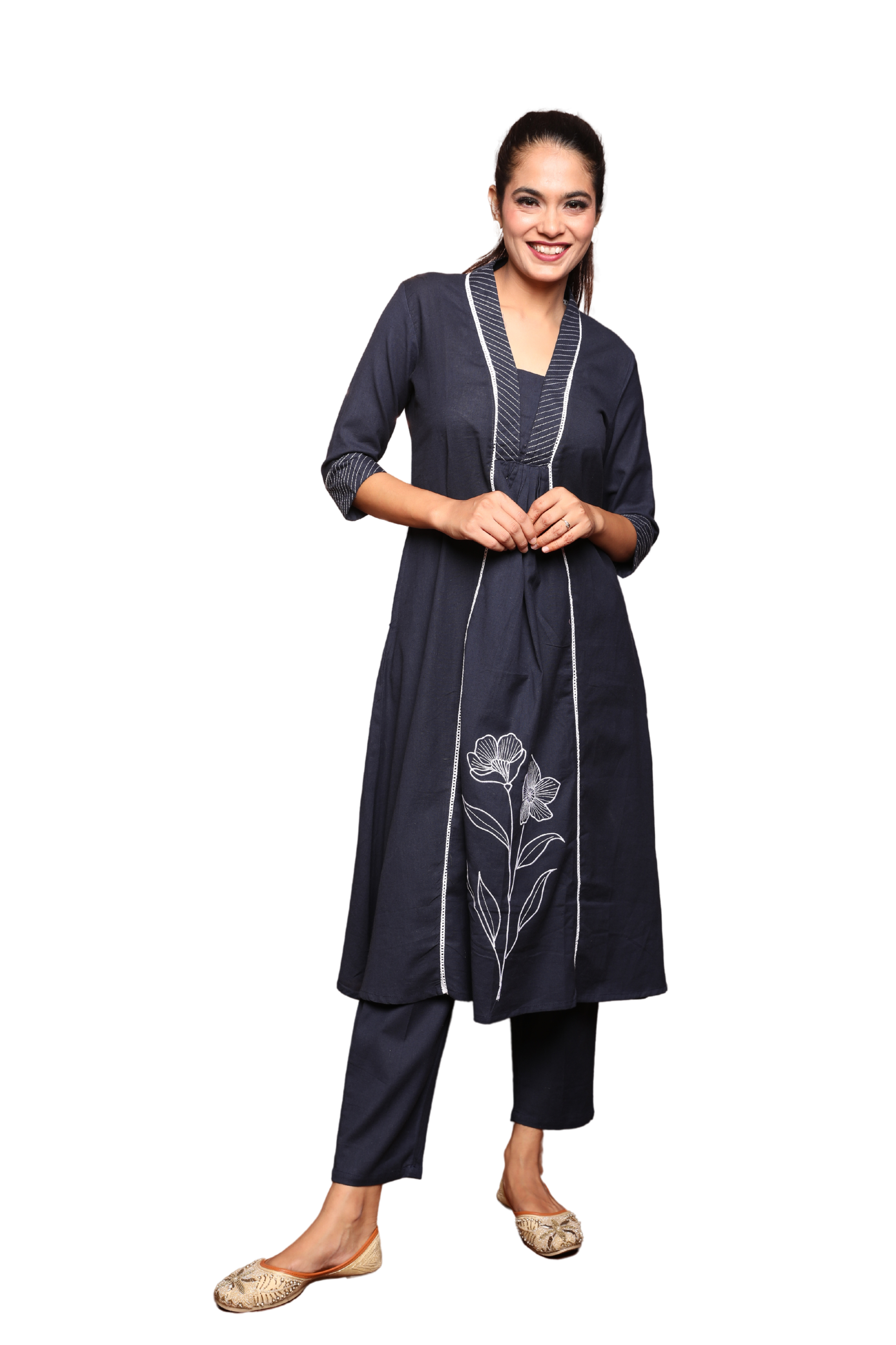 3-Piece Flex Cotton Suit Set with Lace & Floral Embroidery