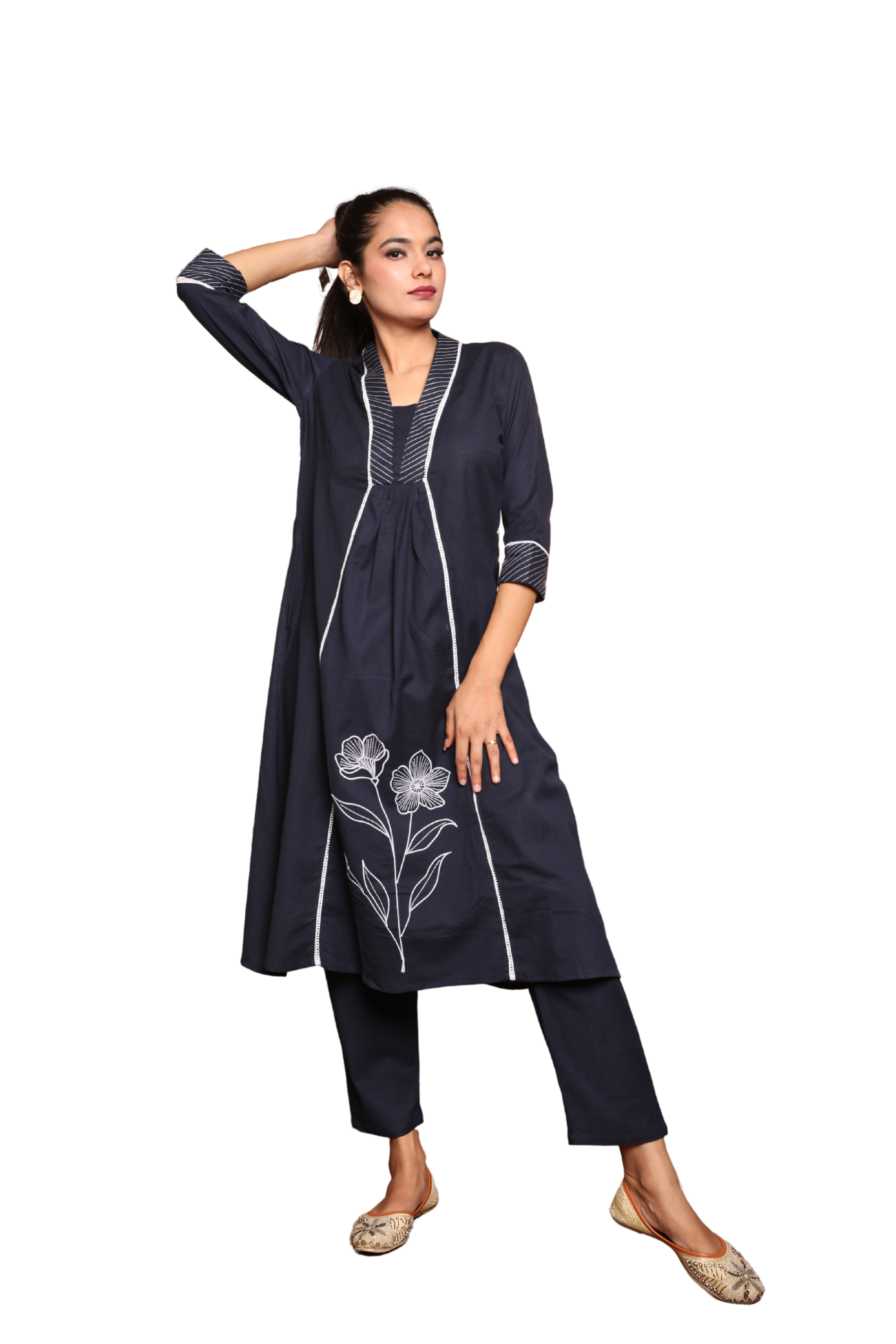 3-Piece Flex Cotton Suit Set with Lace & Floral Embroidery