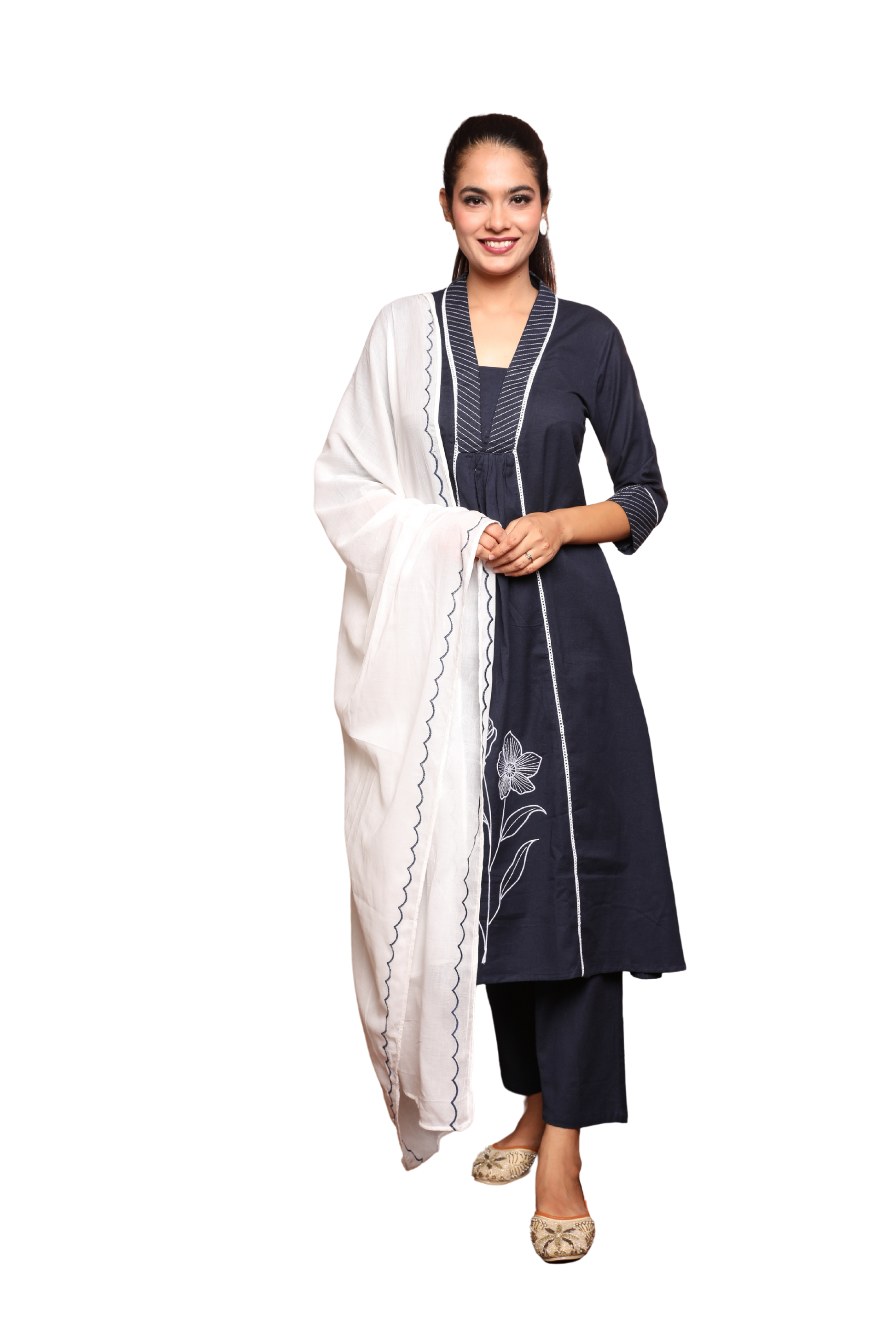3-Piece Flex Cotton Suit Set with Lace & Floral Embroidery