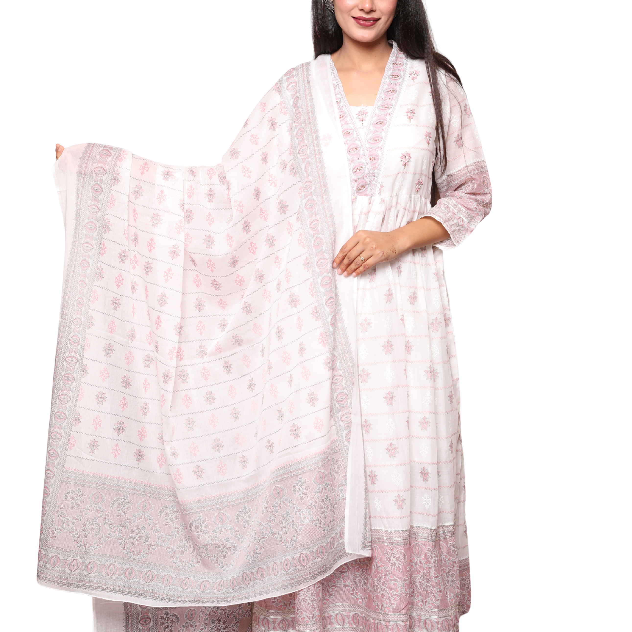 Women’s 3-Piece Cotton Anarkali Suit Set with Dori Work on Neck & Yoke, Gota Lace, and Pocketed Pants