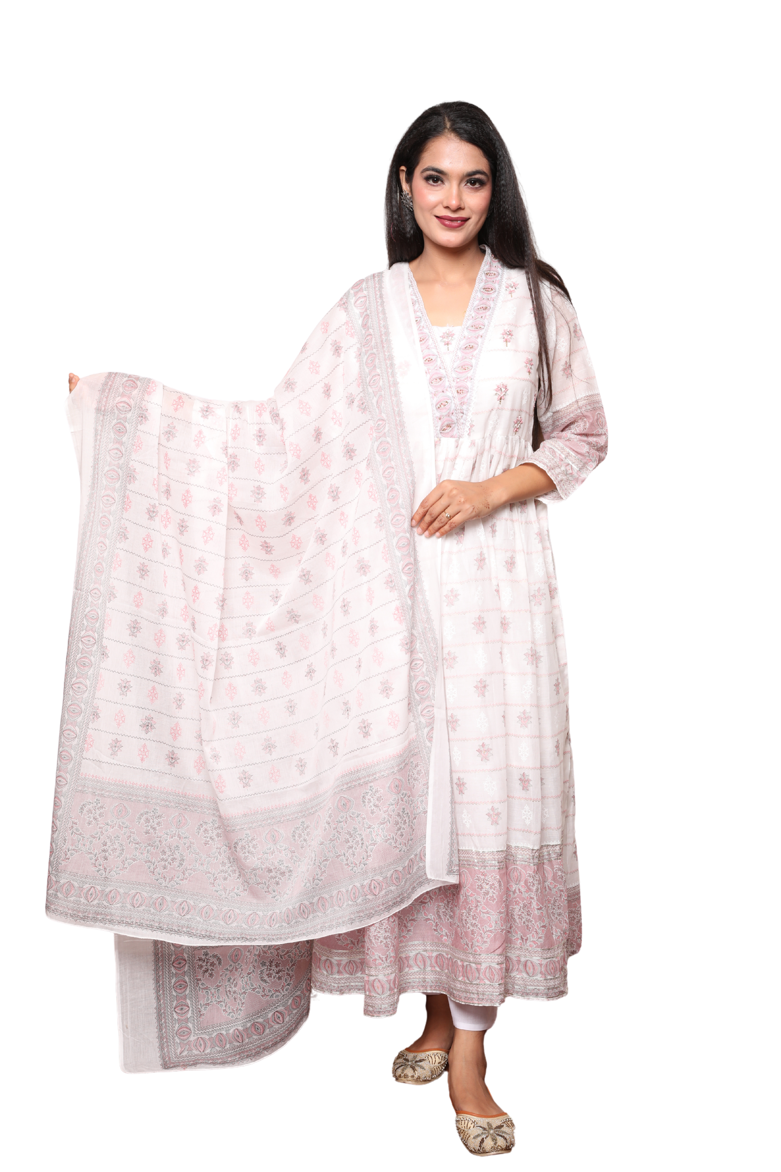 Women’s 3-Piece Cotton Anarkali Suit Set with Dori Work on Neck & Yoke, Gota Lace, and Pocketed Pants