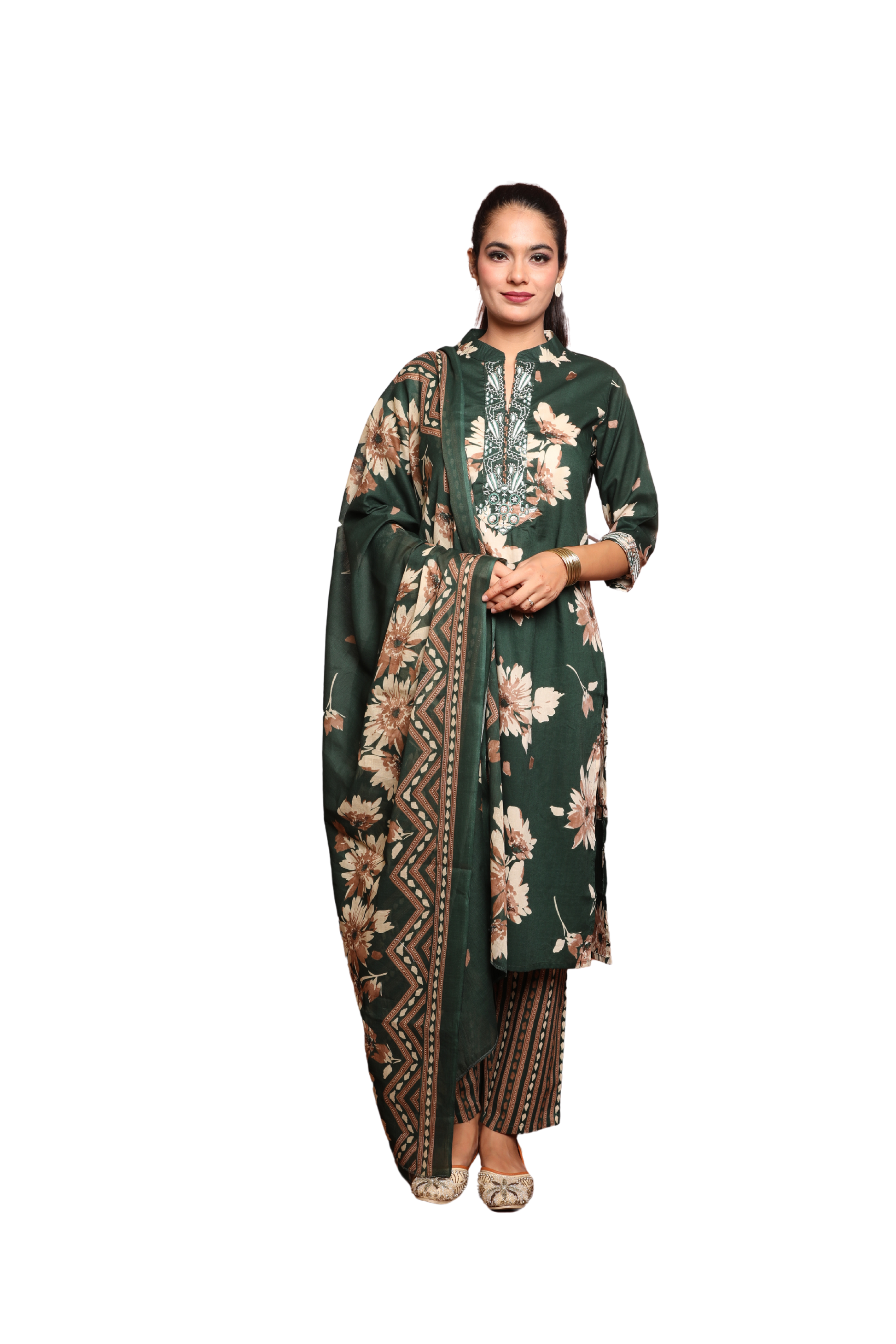 Women’s 2-Piece Ethnic Set with Nehru Collar, Embroidered Neckline & Foil Print – Big Floral Print with Pocketed Pants