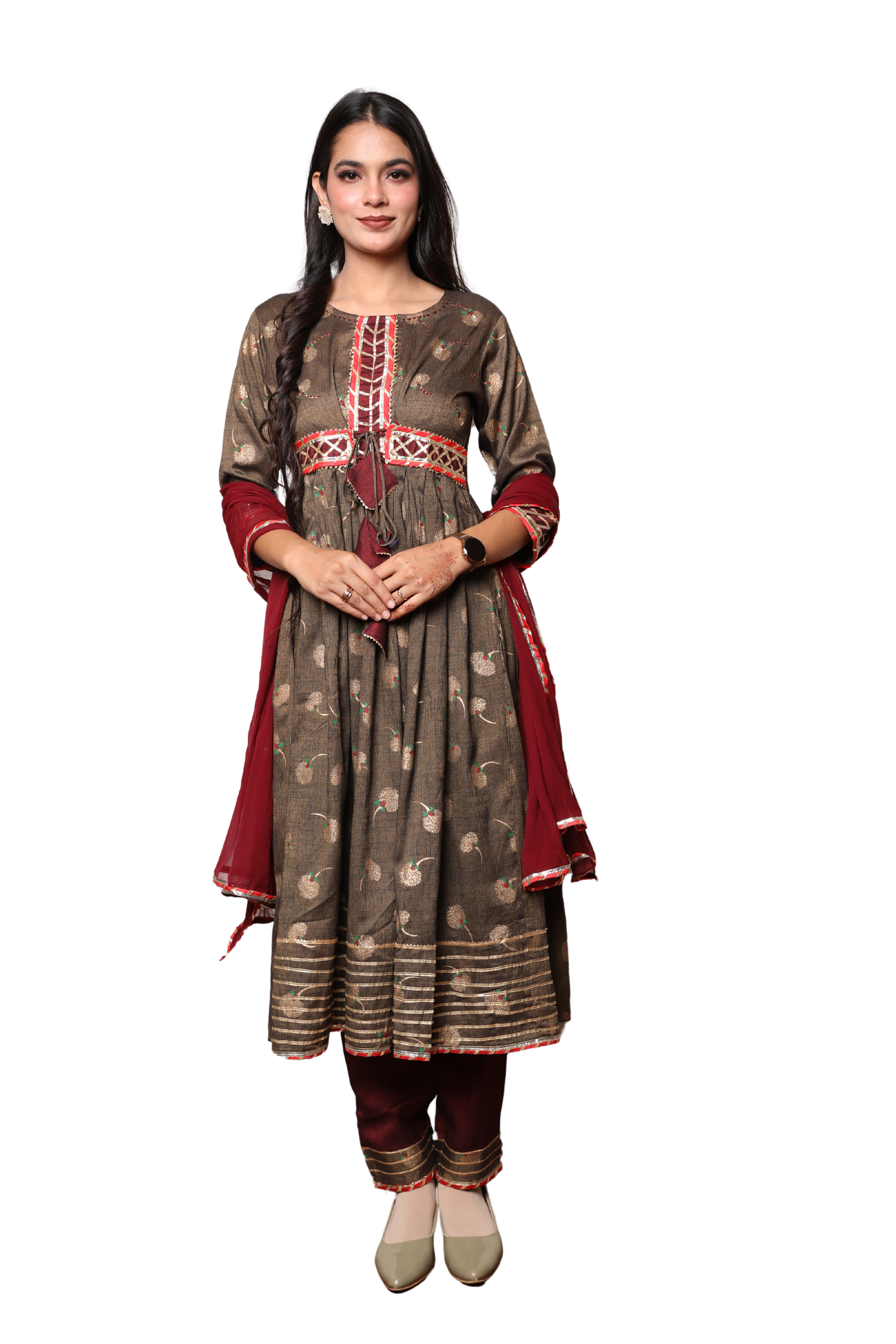 3-Piece Anarkali Set with Gota Lace Detailing & Pant with Pocket