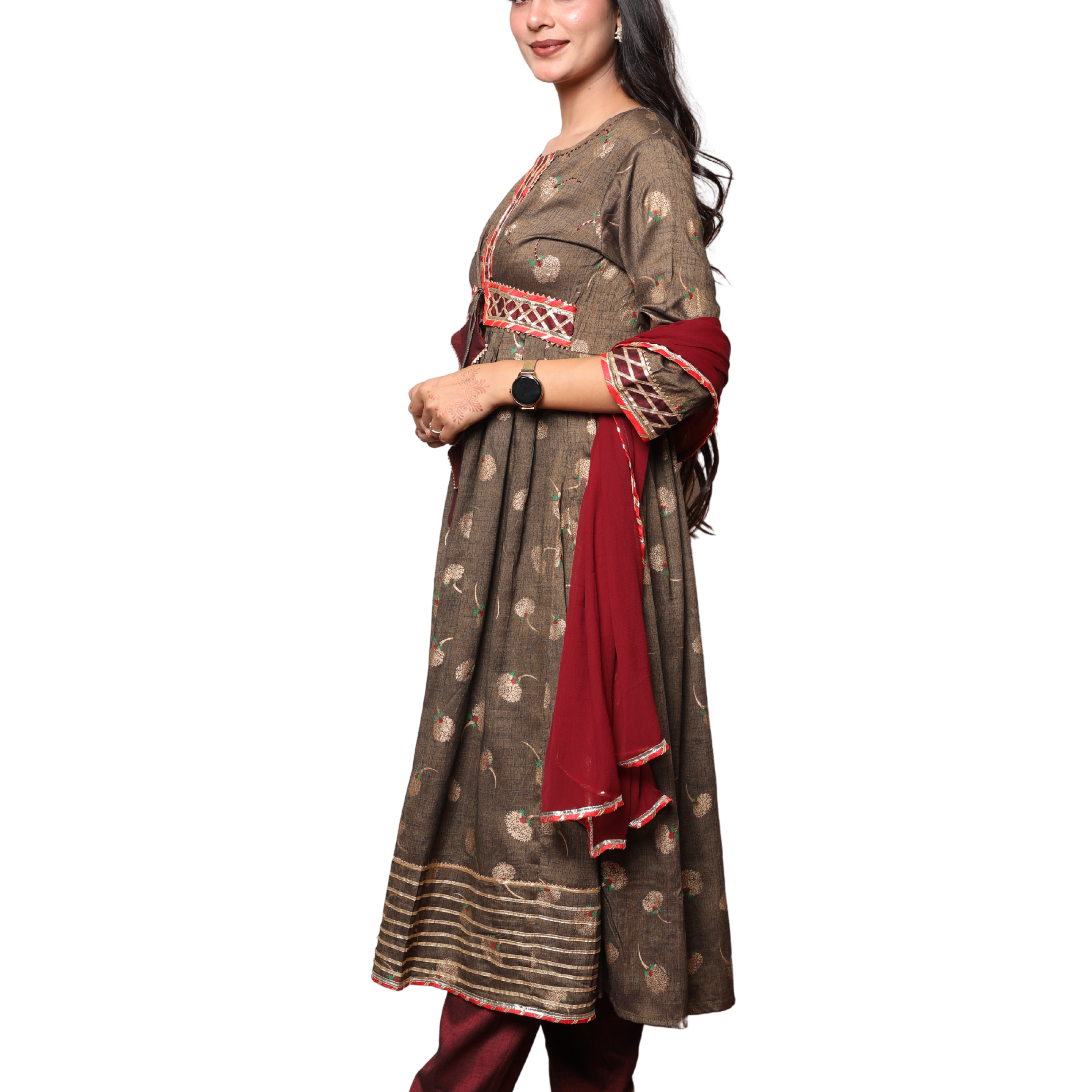 3-Piece Anarkali Set with Gota Lace Detailing & Pant with Pocket
