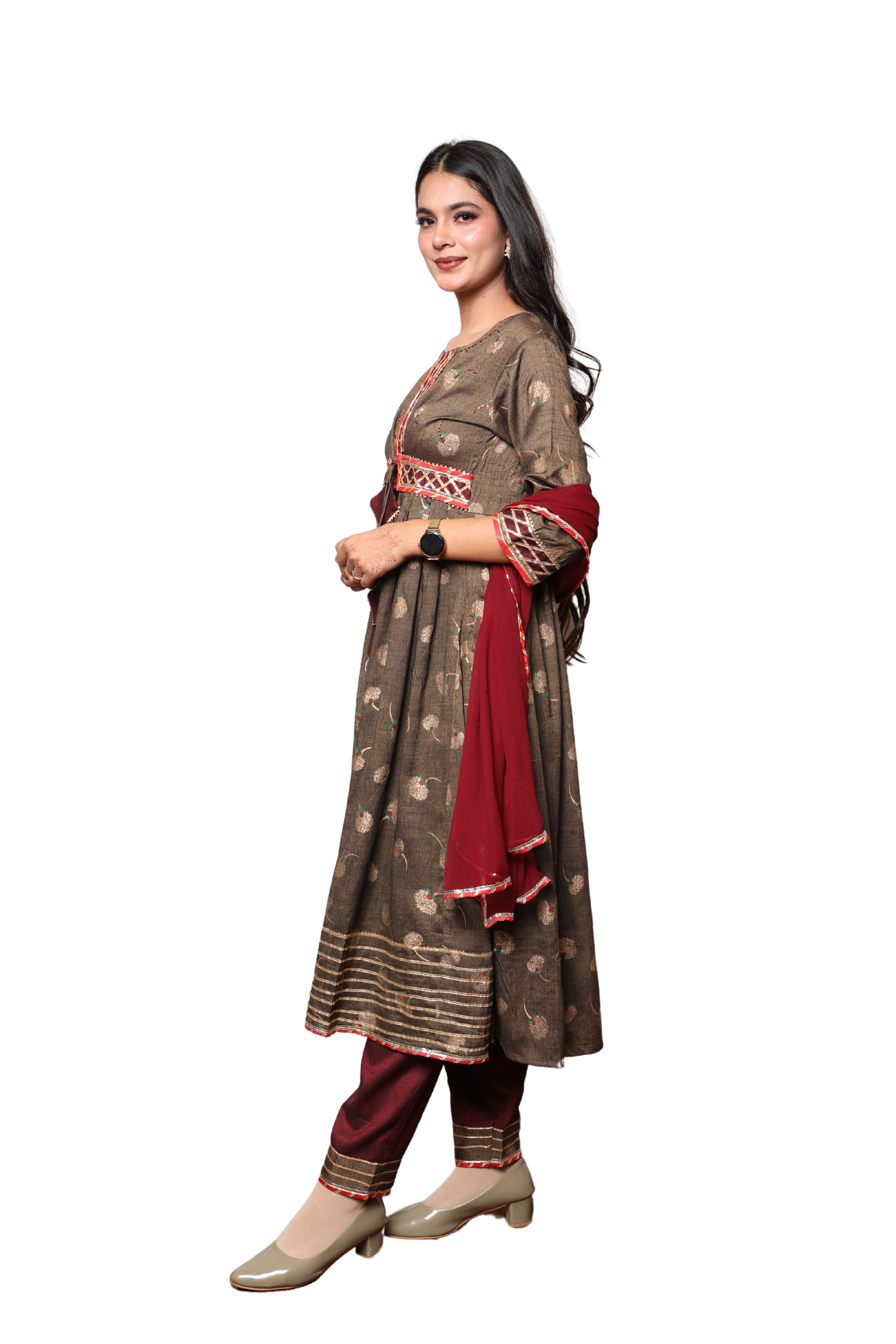 3-Piece Anarkali Set with Gota Lace Detailing & Pant with Pocket