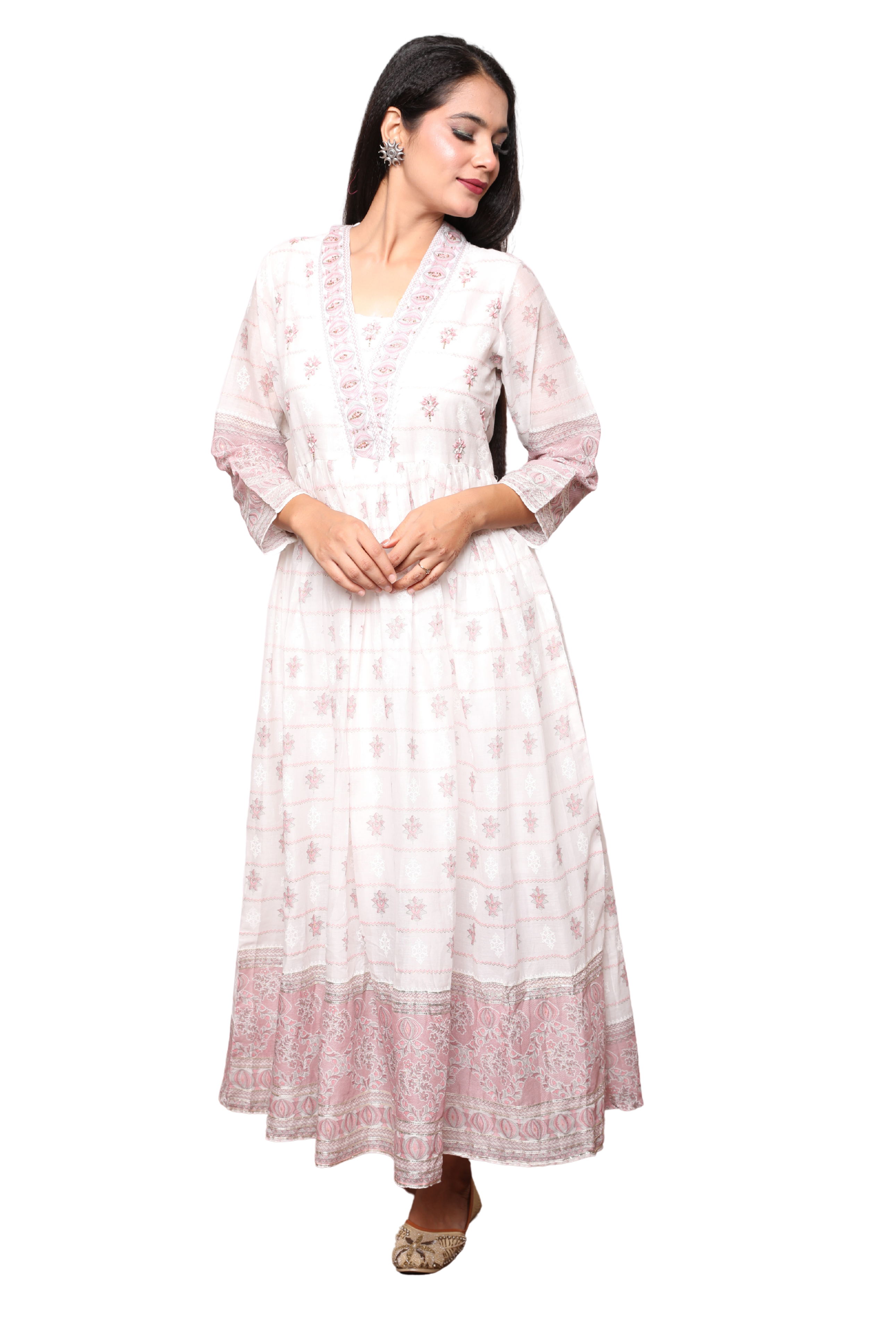 Women’s 3-Piece Cotton Anarkali Suit Set with Dori Work on Neck & Yoke, Gota Lace, and Pocketed Pants
