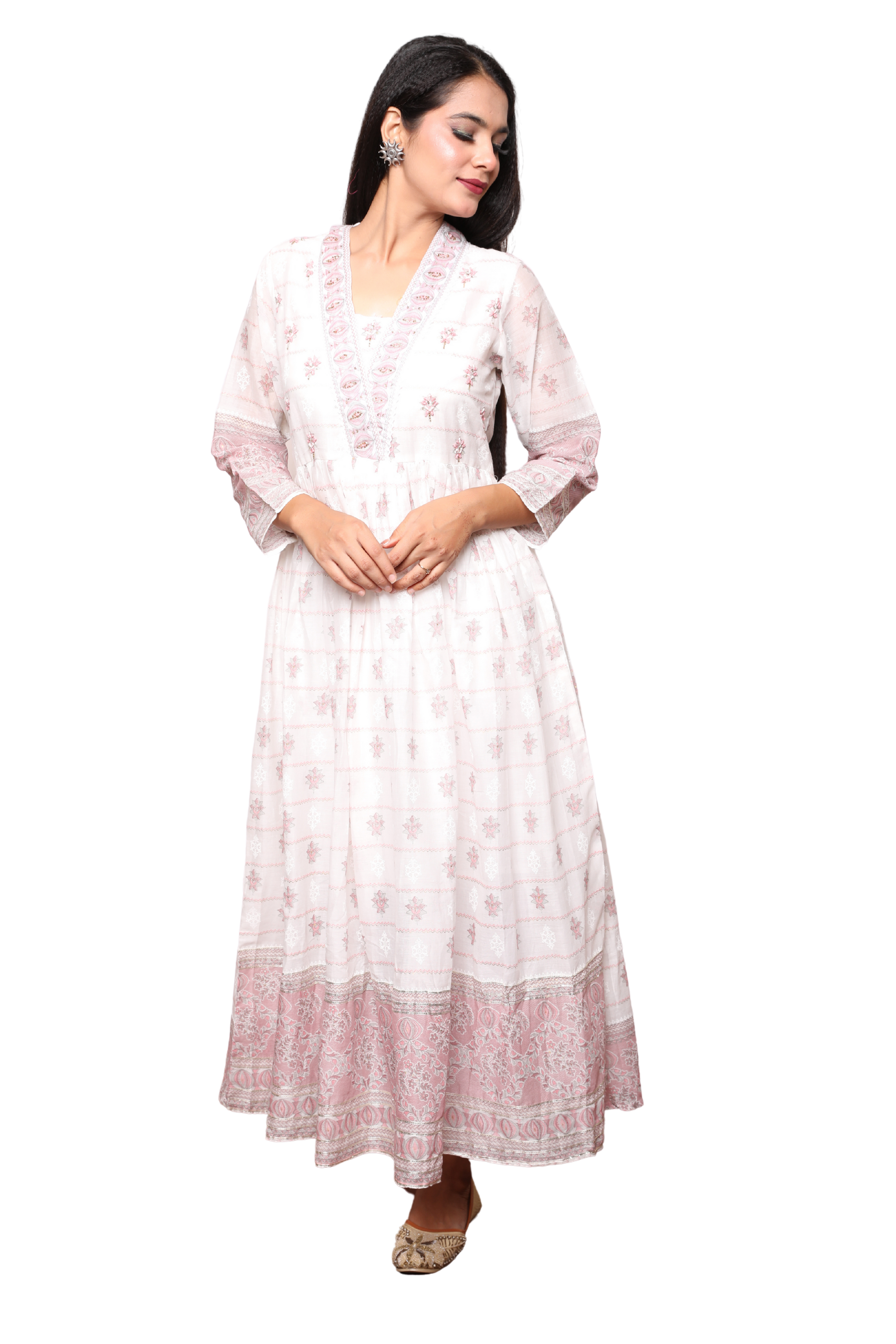 Women’s 3-Piece Cotton Anarkali Suit Set with Dori Work on Neck & Yoke, Gota Lace, and Pocketed Pants