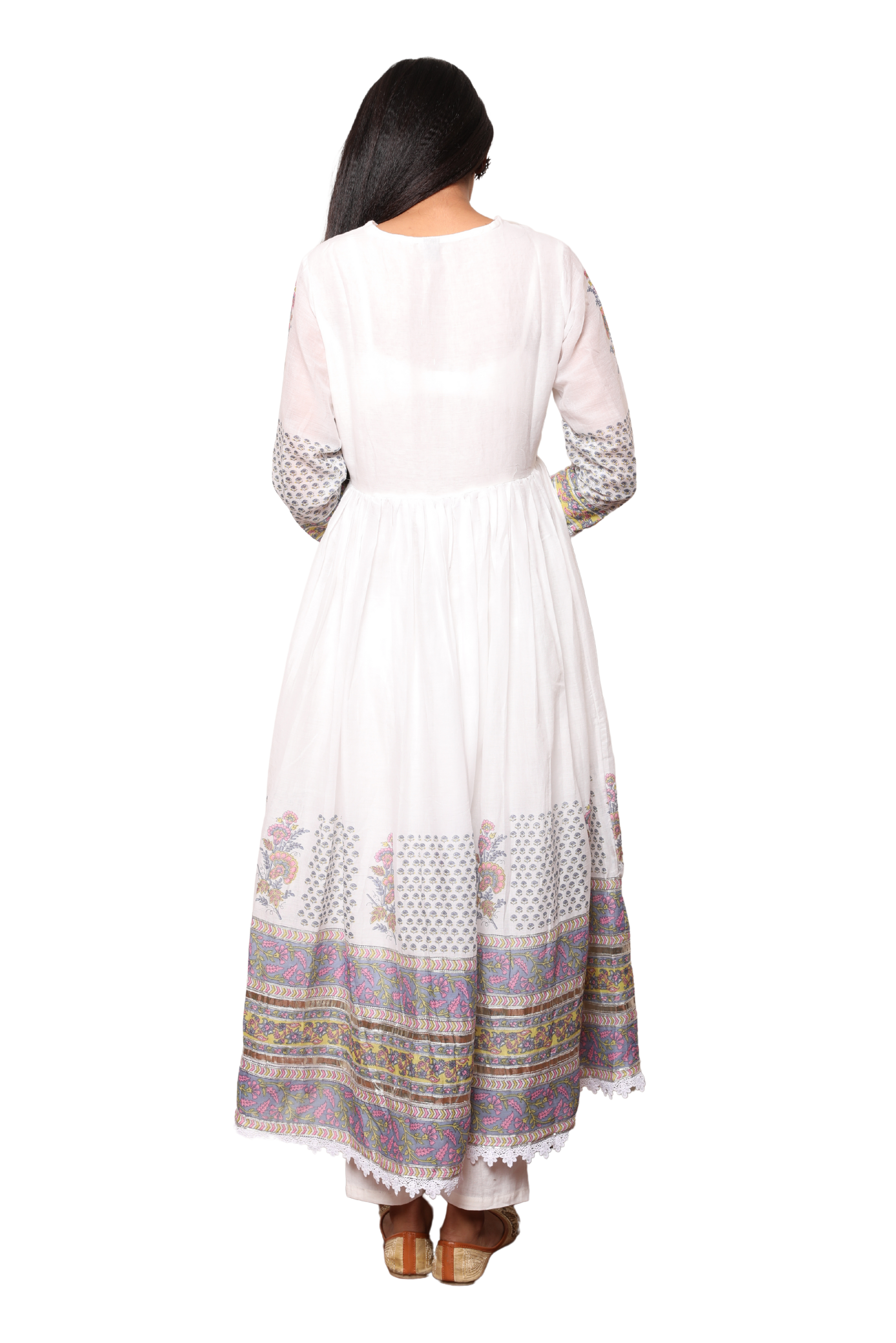 Women’s 3-Piece Cotton Anarkali Suit Set with Dori Work on Neck & Yoke, Gota Lace, and Pocketed Pants