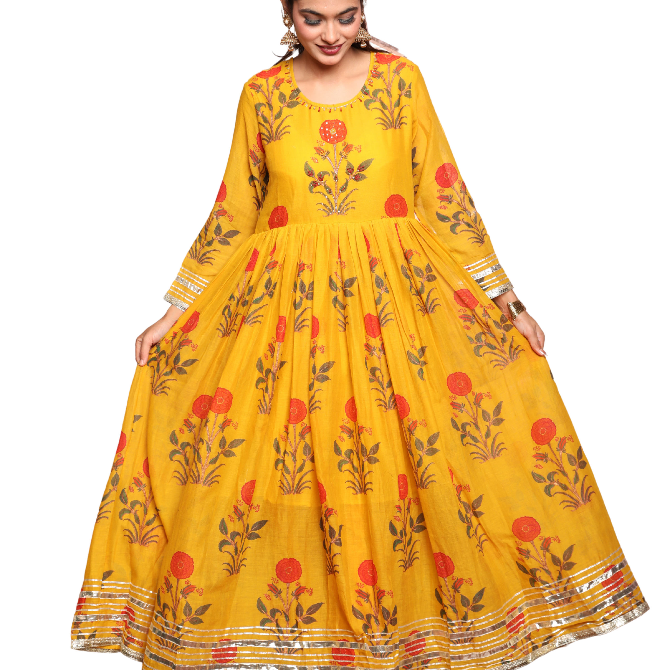 Women’s Yellow Cotton Dress with Floral Print and Hand Embroidery on Neckline