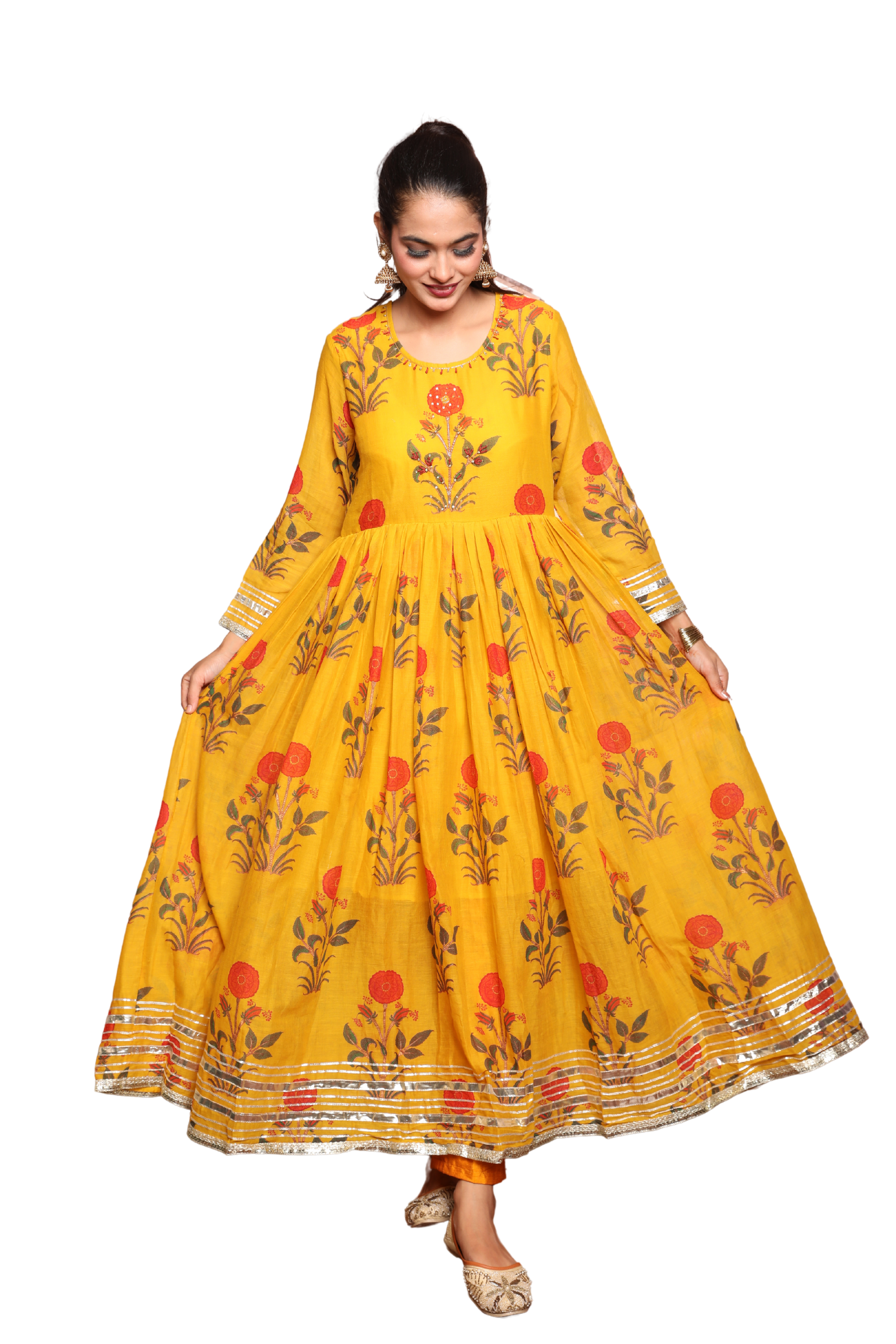 Women’s Yellow Cotton Dress with Floral Print and Hand Embroidery on Neckline