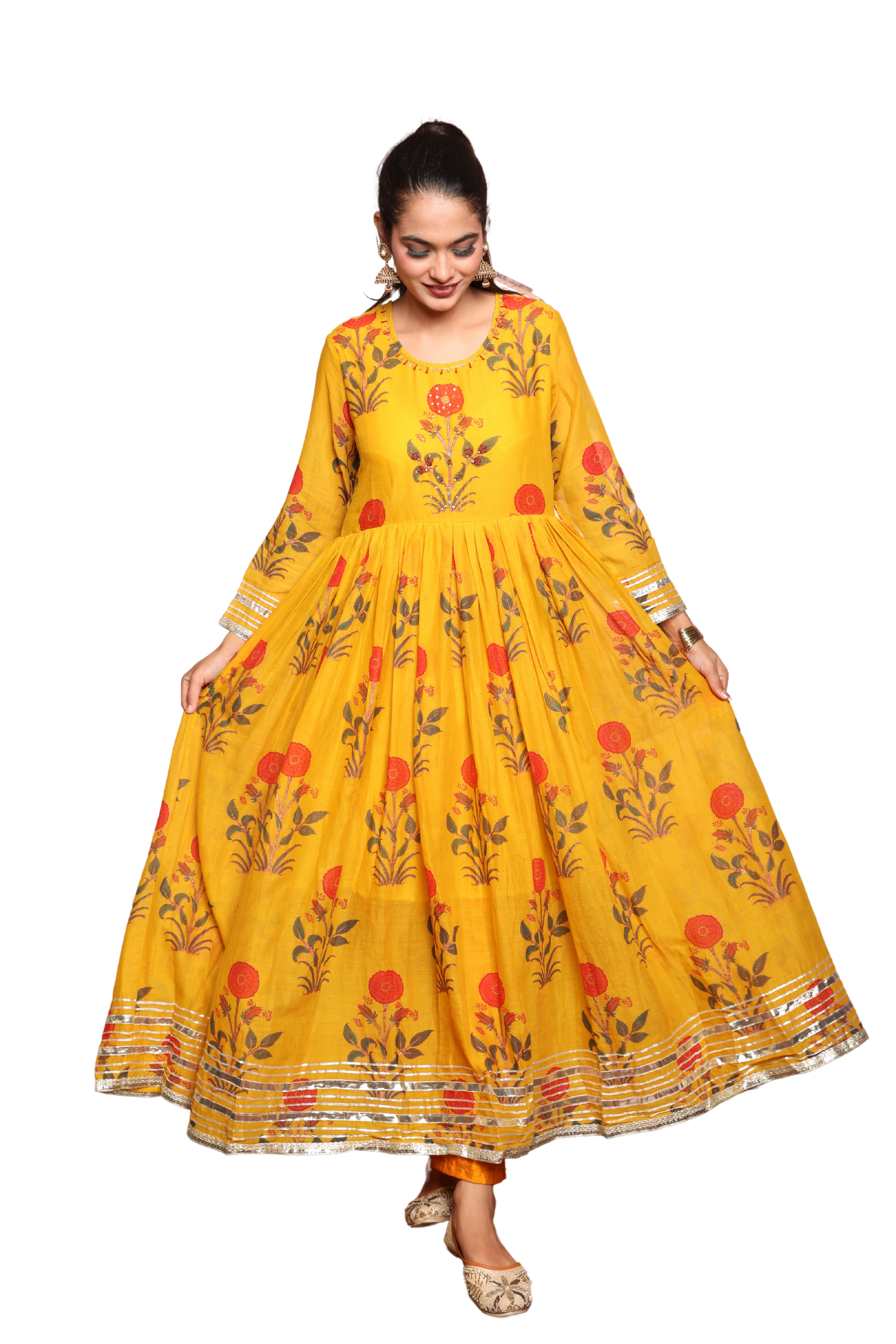 Women’s Yellow Cotton Dress with Floral Print and Hand Embroidery on Neckline