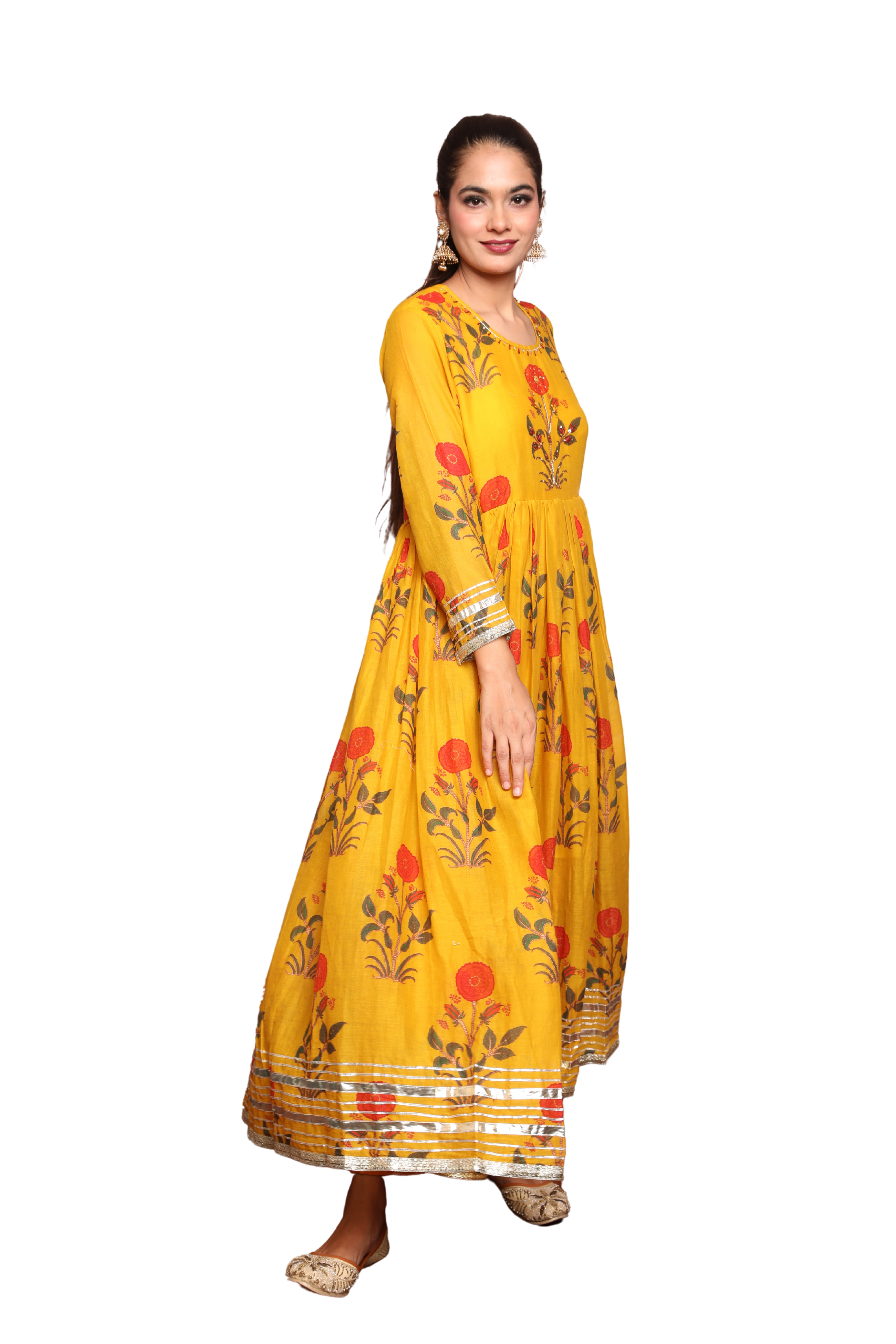 Women’s Yellow Cotton Dress with Floral Print and Hand Embroidery on Neckline