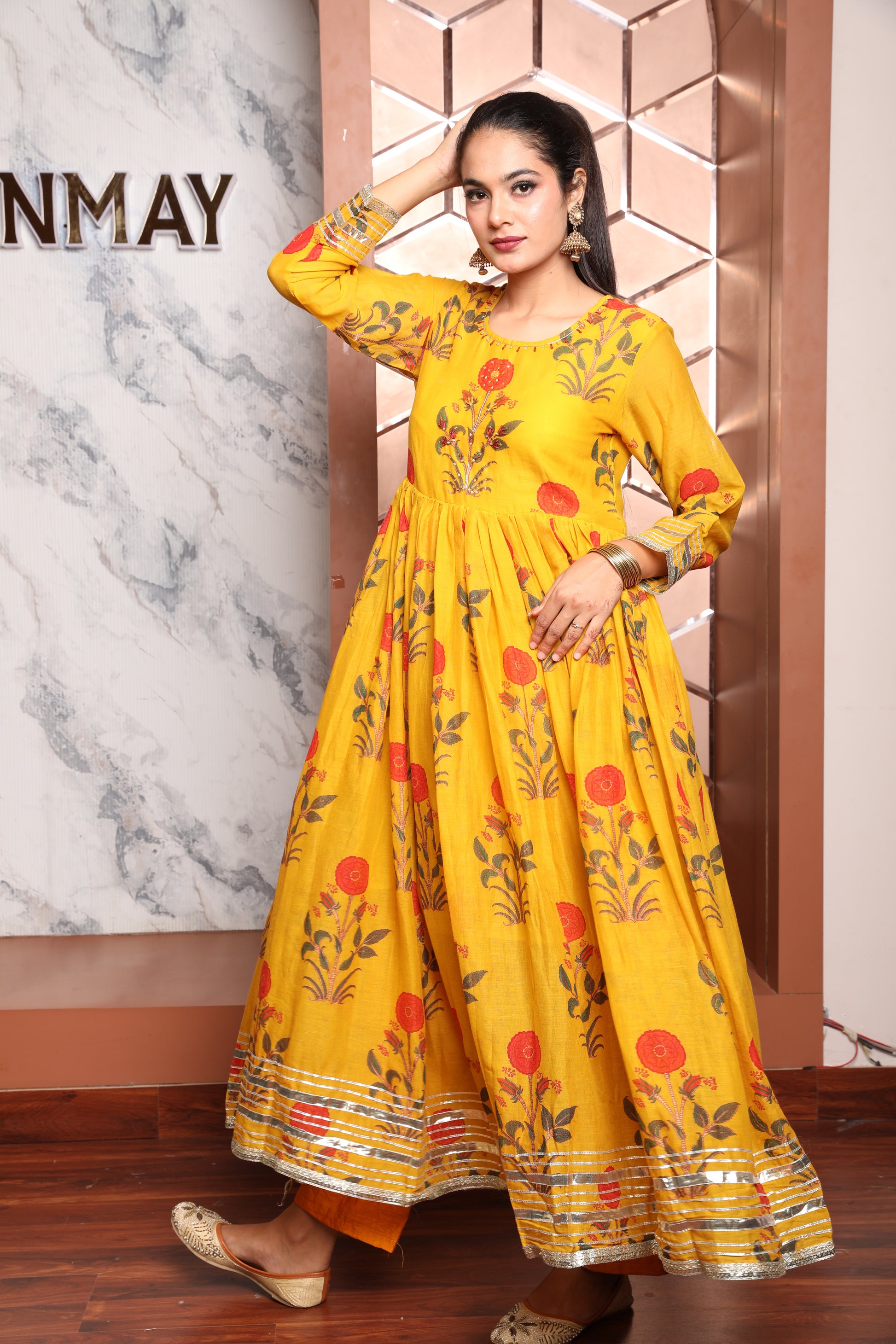 Women’s Yellow Cotton Dress with Floral Print and Hand Embroidery on Neckline