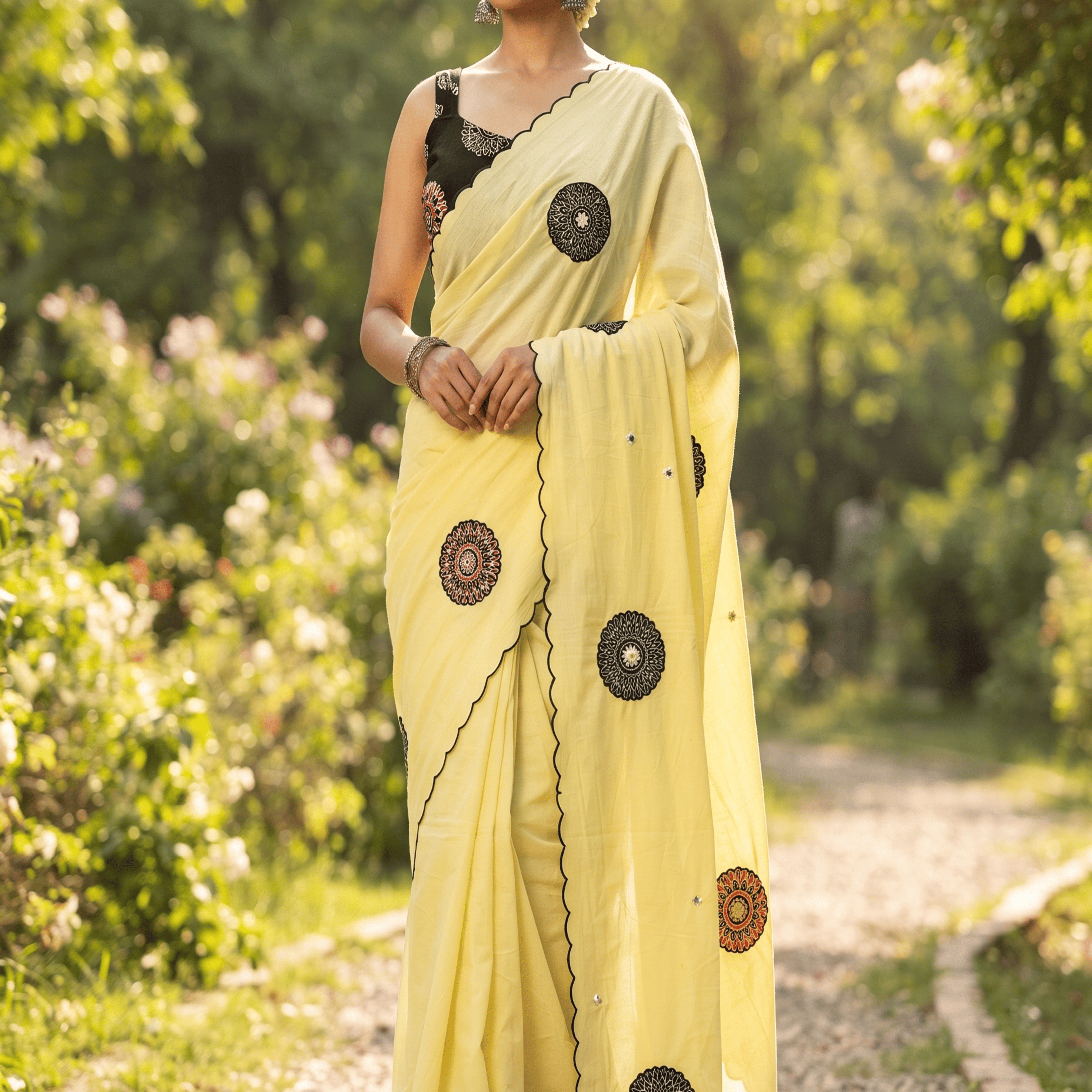 Pastel Yellow Mul Cotton Saree - Circular Applique Work with Scalloped Edge
