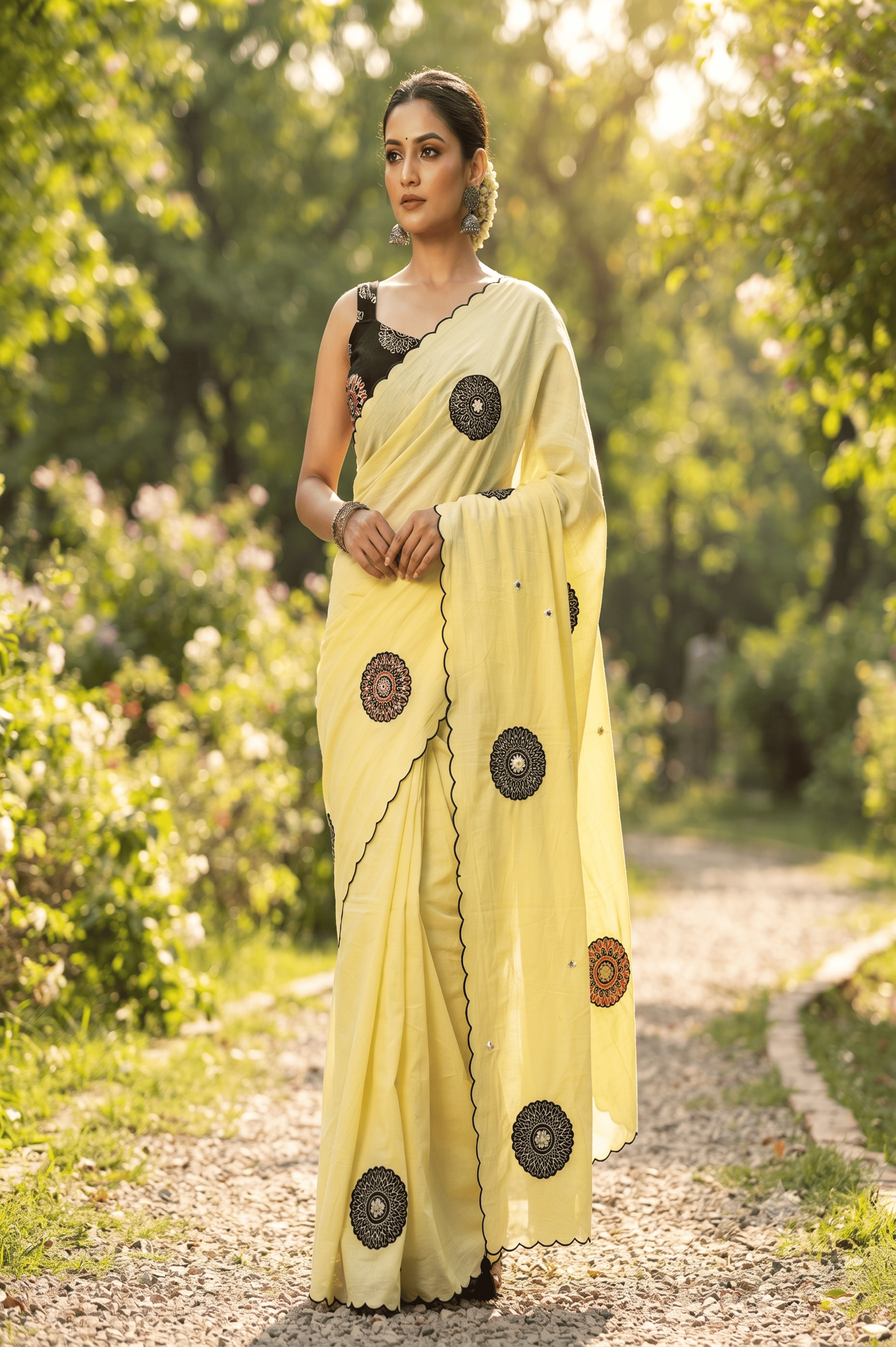 Pastel Yellow Mul Cotton Saree - Circular Applique Work with Scalloped Edge