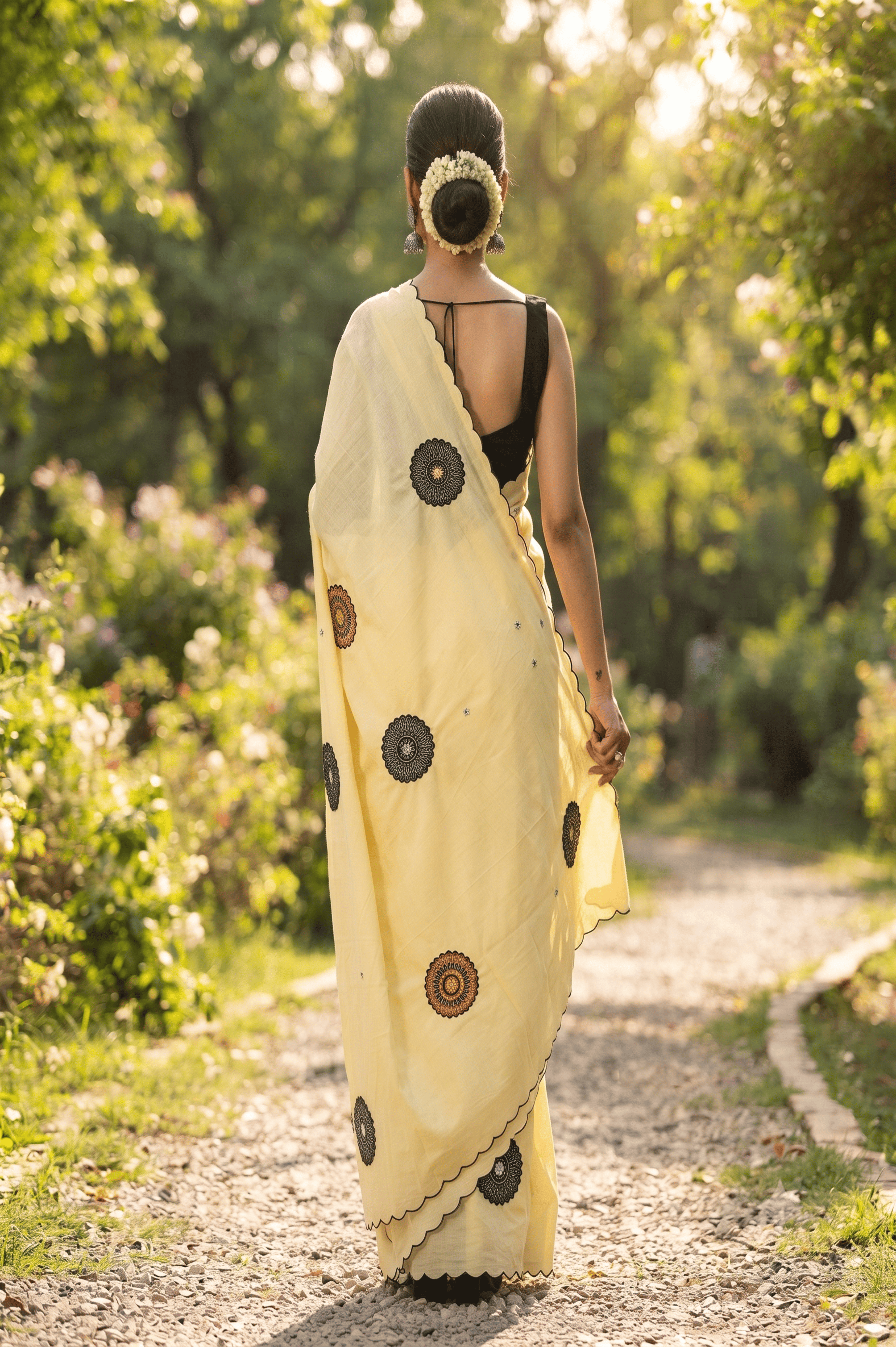 Pastel Yellow Mul Cotton Saree - Circular Applique Work with Scalloped Edge