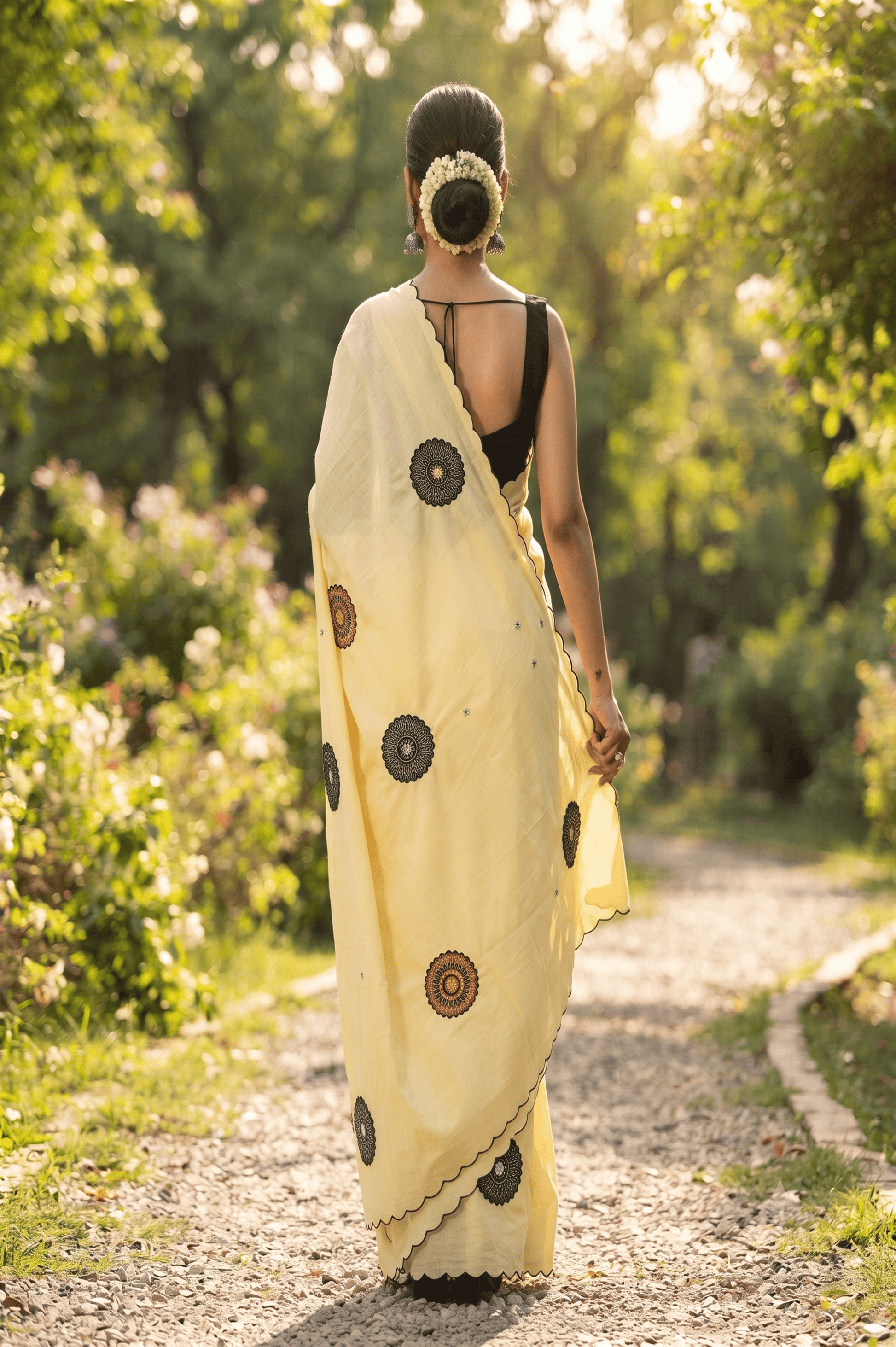 Pastel Yellow Mul Cotton Saree - Circular Applique Work with Scalloped Edge