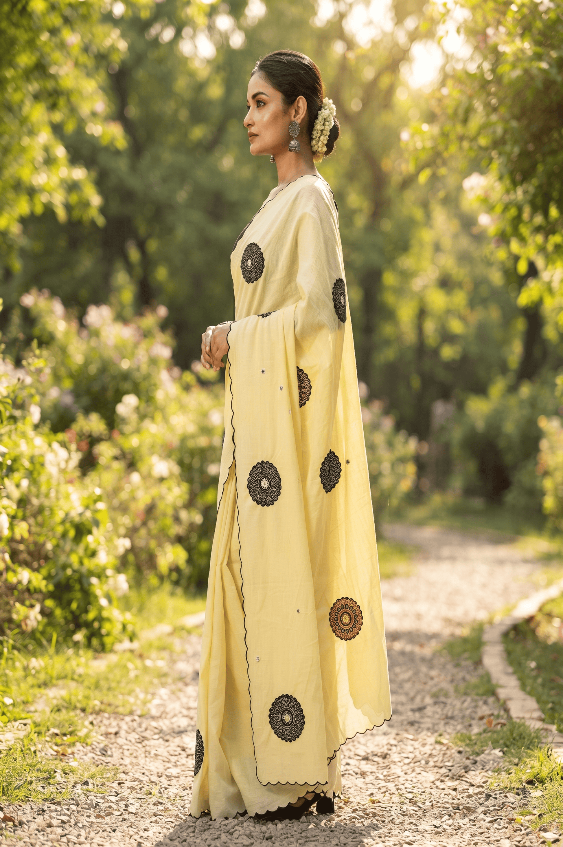 Pastel Yellow Mul Cotton Saree - Circular Applique Work with Scalloped Edge