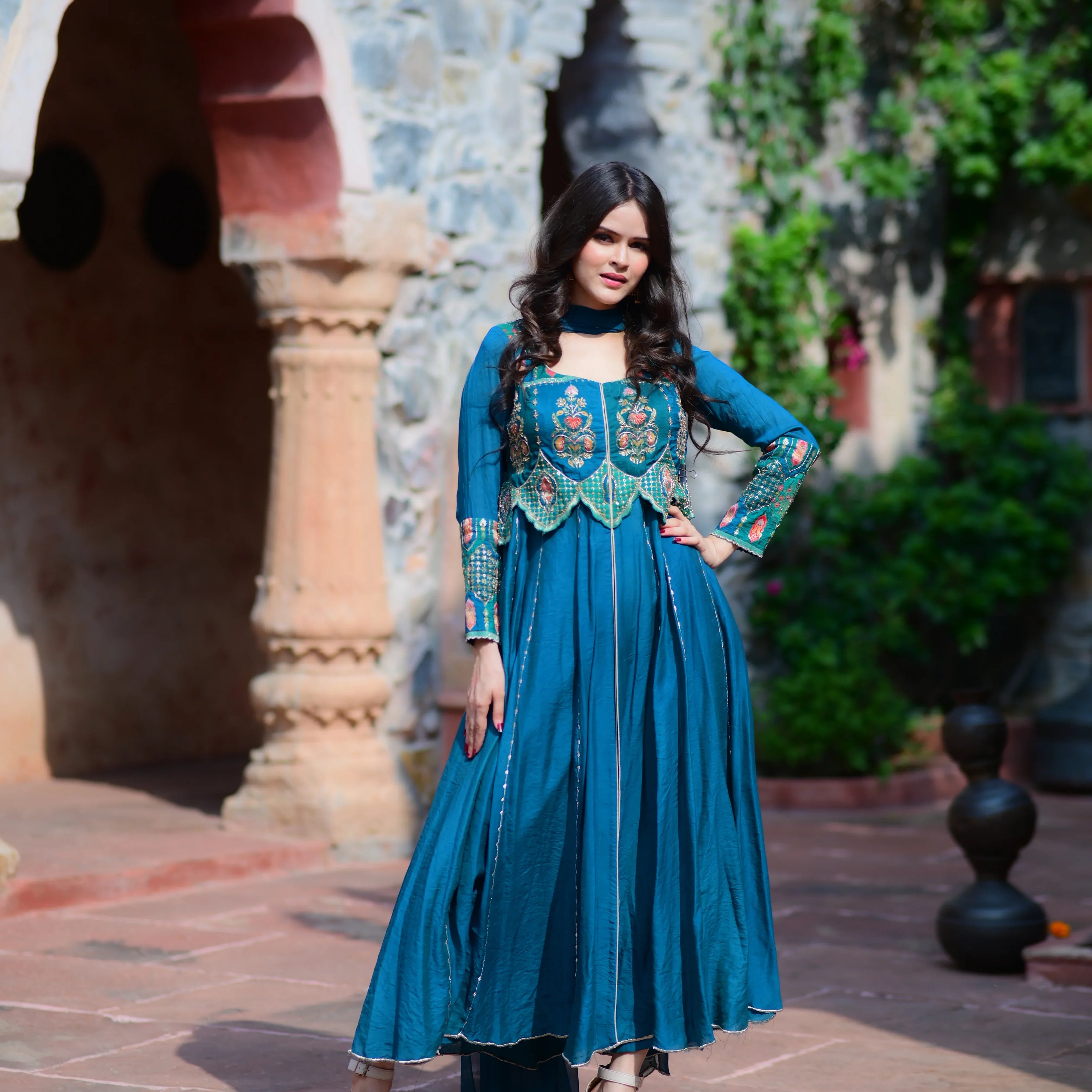 Teal Color Embroidered Anarkali