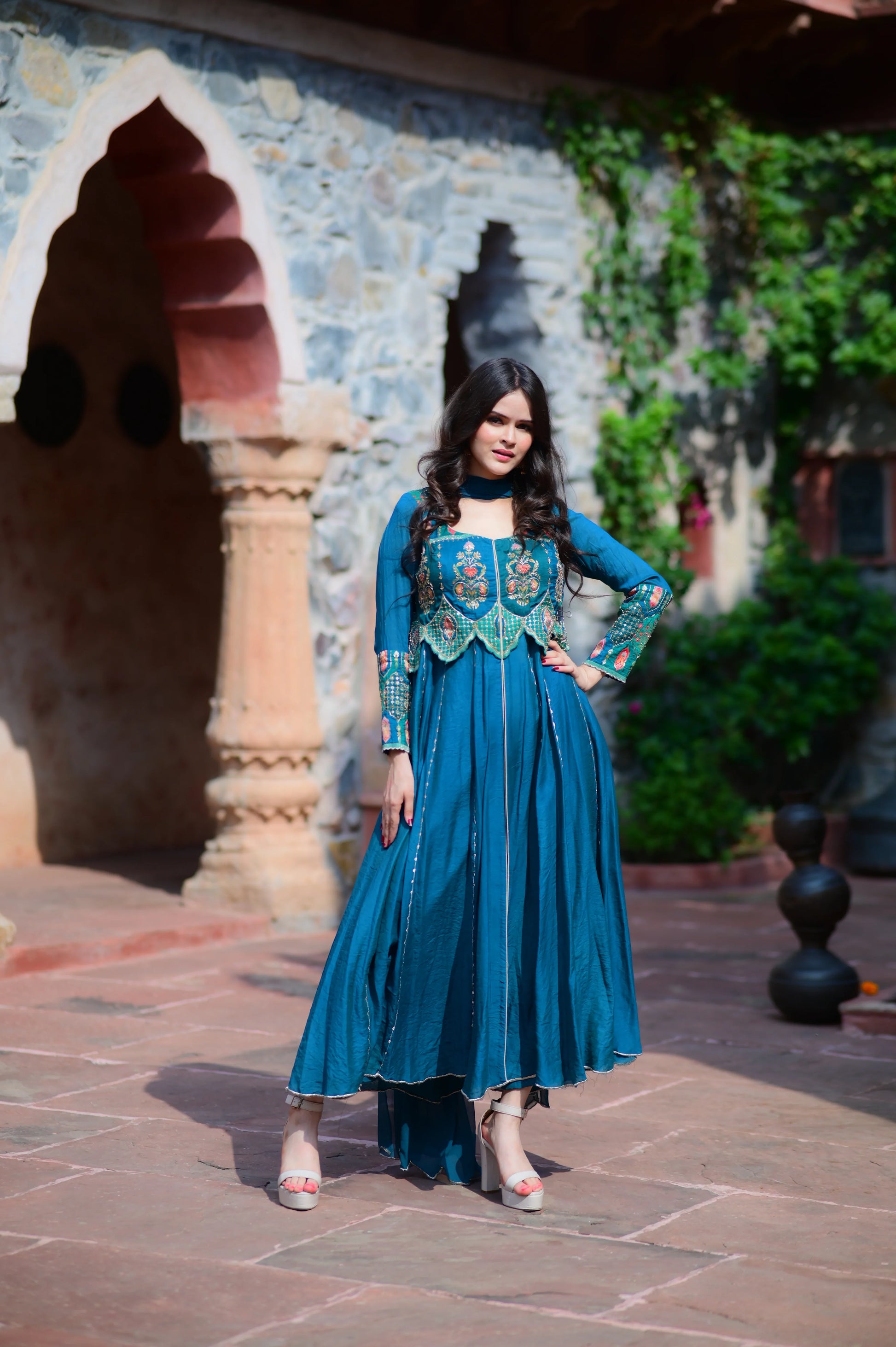 Teal Color Embroidered Anarkali