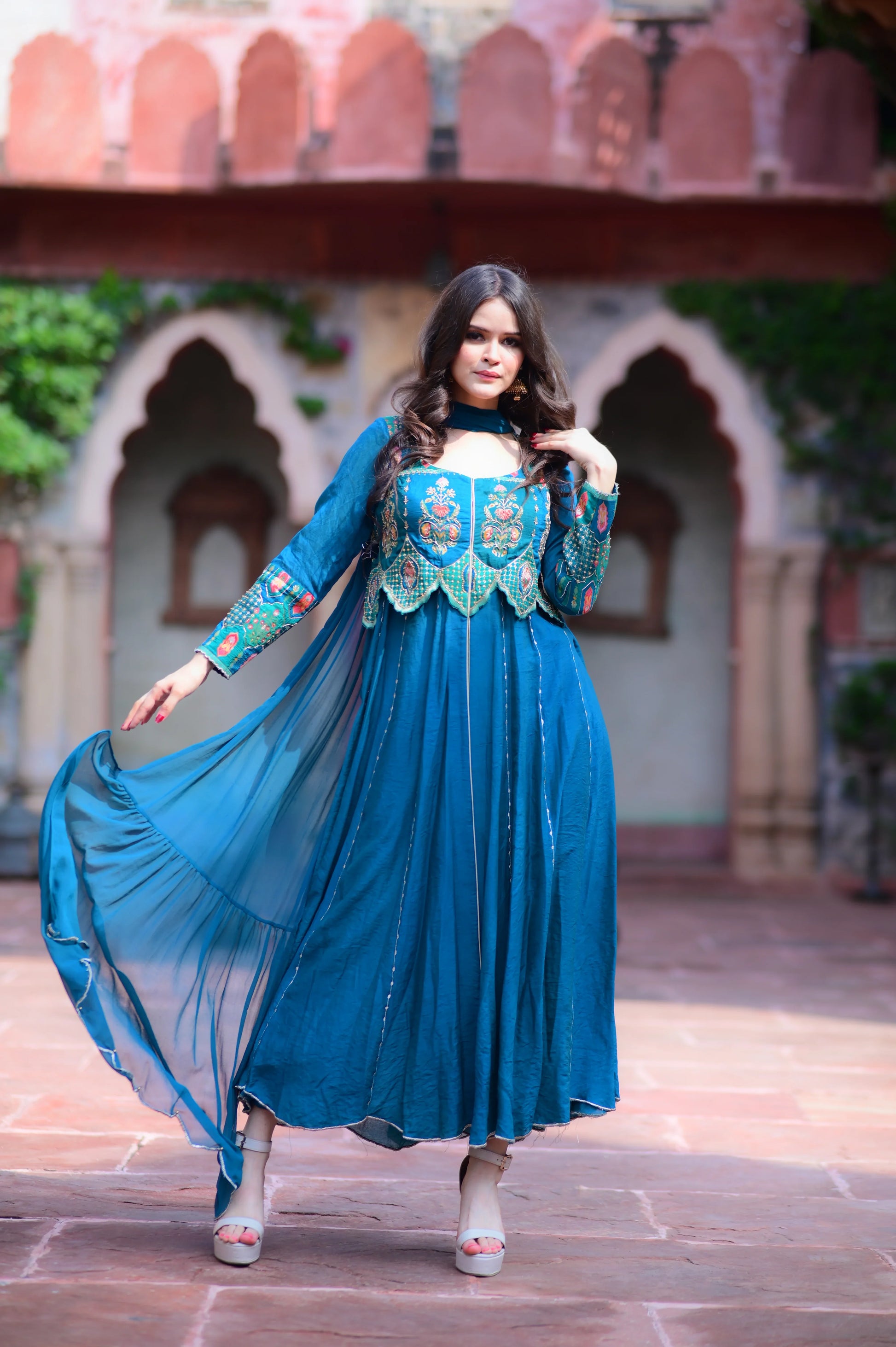 Teal Color Embroidered Anarkali