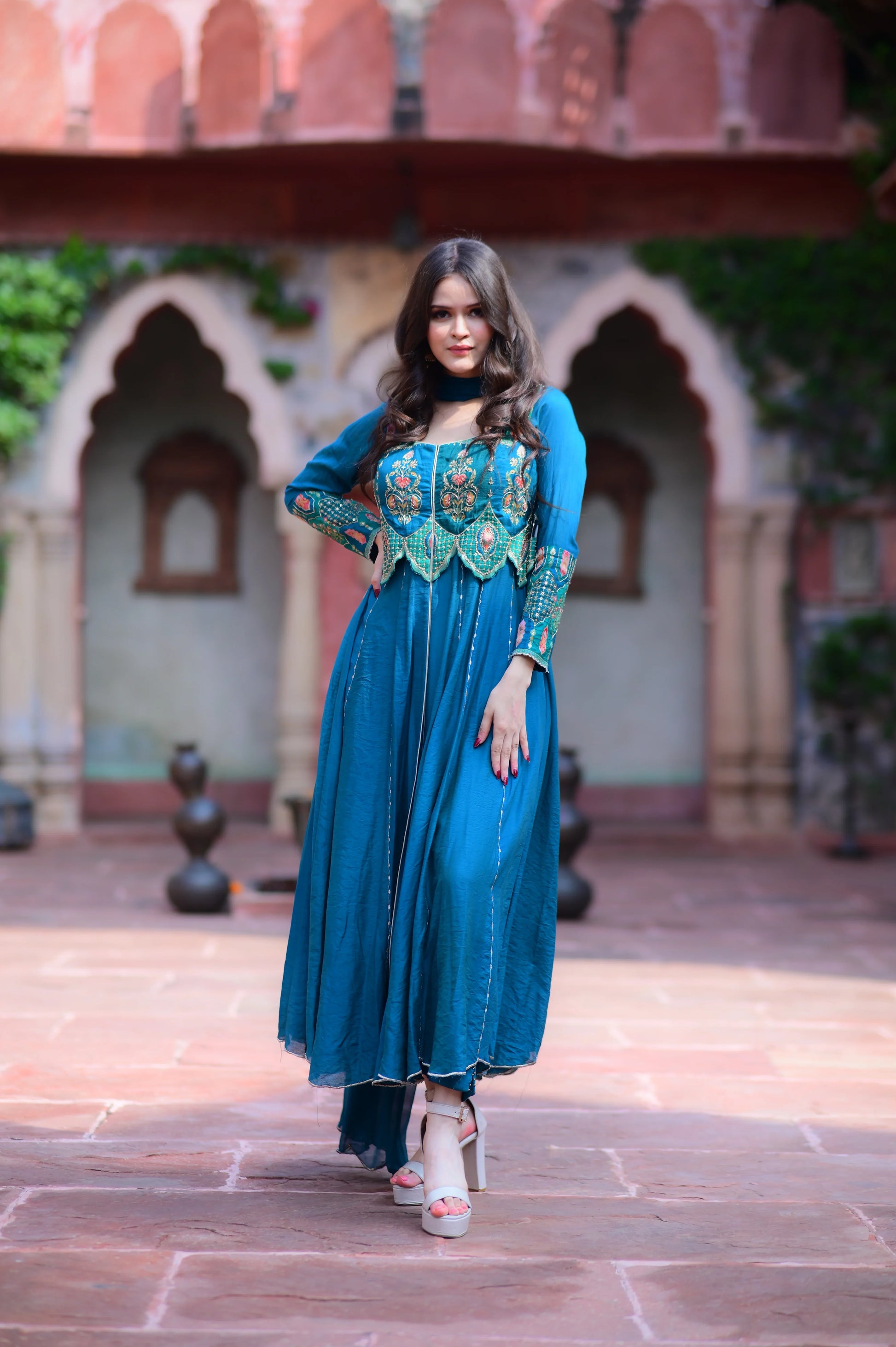 Teal Color Embroidered Anarkali