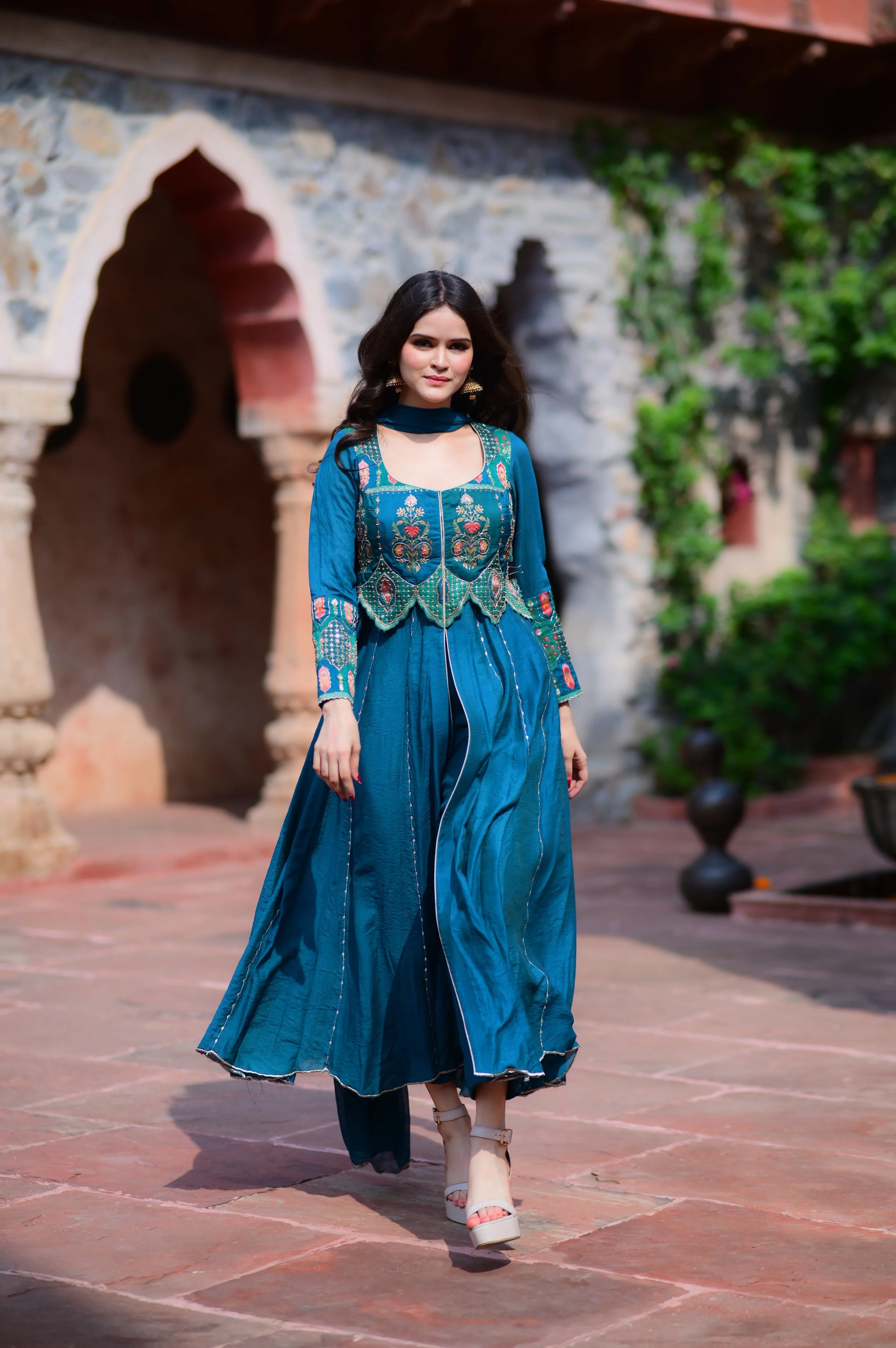Teal Color Embroidered Anarkali